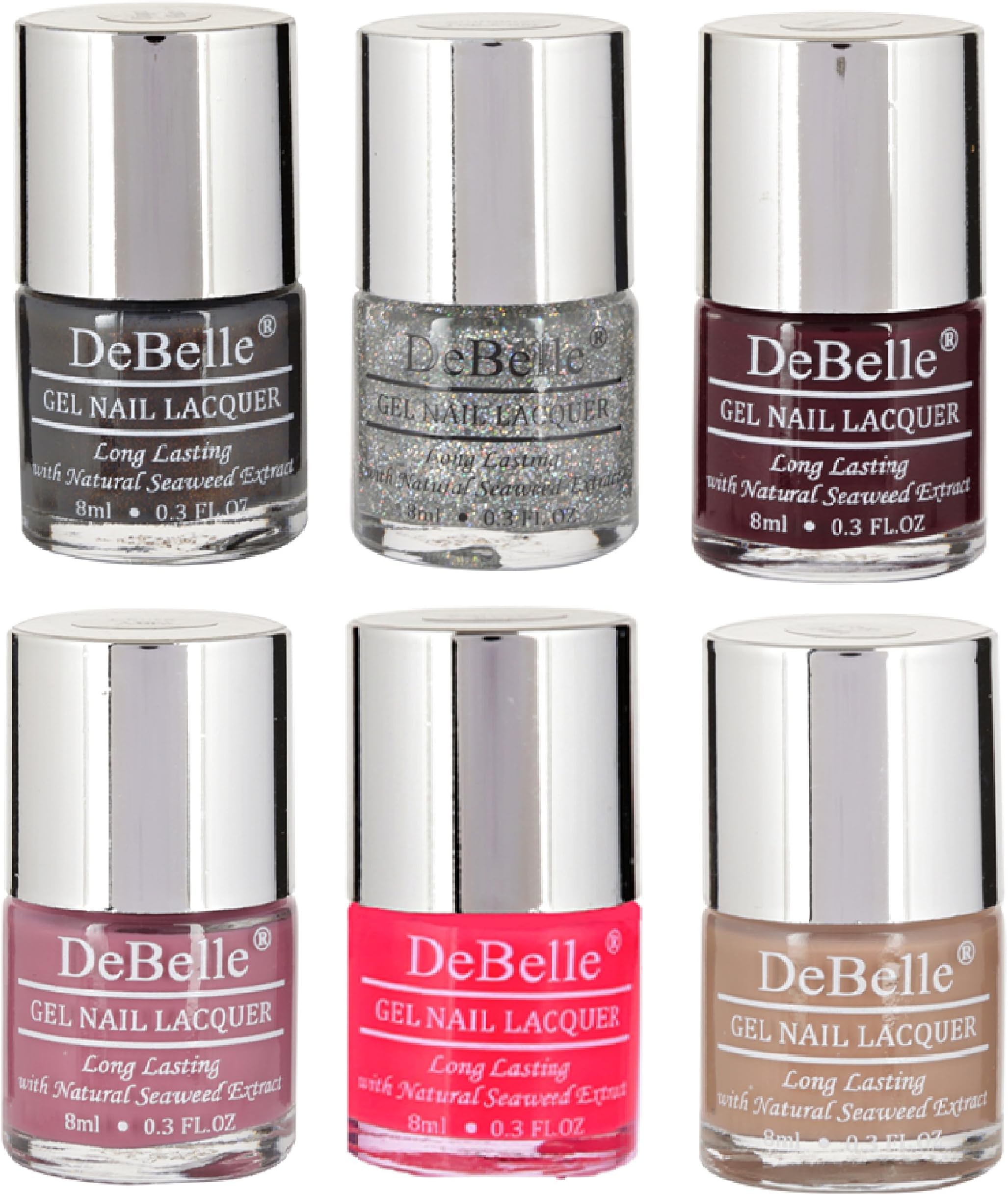DeBelle Nail Polish Combo pack of 6, Dark Grey(Copper Glaze) , Shimmer Top Coat,Dark Maroon(Glamorous Garnet),Light Majenta (Laura Aura),Bright Pink(Fushcia Rose),Light Brown(Coco Bean), 48 ml(8 ml Each)