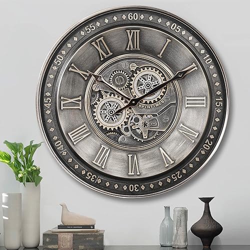 Miniatura 2 de Reloj de pared grande de 24 pulgadas con engranaje móvil para decoración de sala de estar, número romano de metal plateado + reloj de pared verde