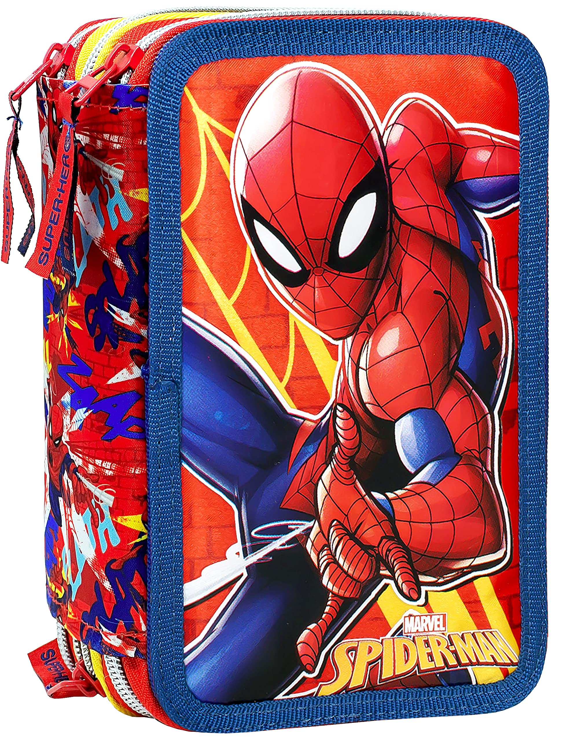Spiderman Estuche triple relleno, 44 Accesorios Escolares, 3 Cremalleras, 20 cm, Plumier Triple compartimentos para niño, con interior organizado
