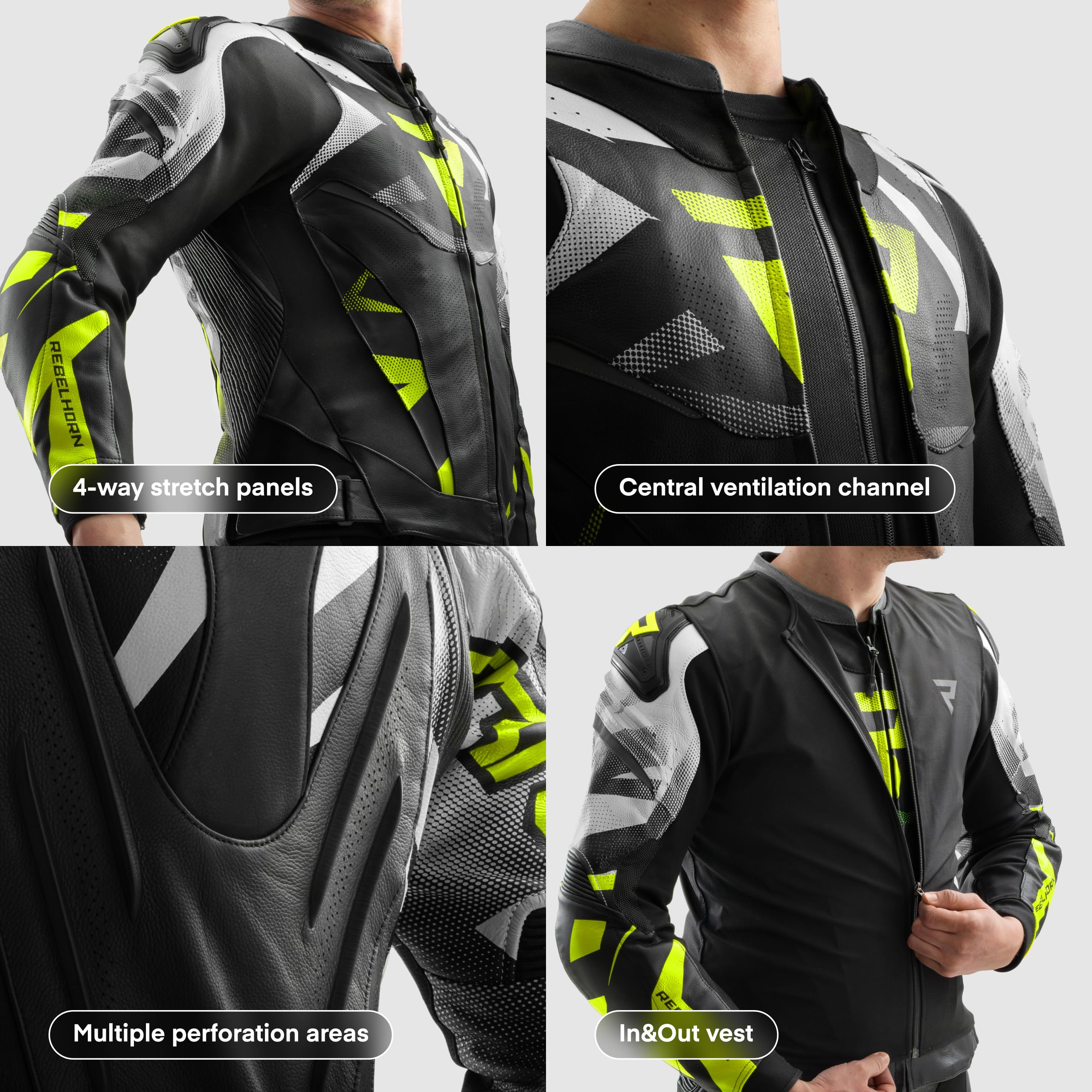 REBELHORN Inferno Motorradjacke Herren | Leder | Ellbogen, Schulter und Rückenprotektor RE ZRO Stufe 2 | Schulterschleifer | In&Out Winddicht Weste | Belüftungspaneele | Größen bis 62