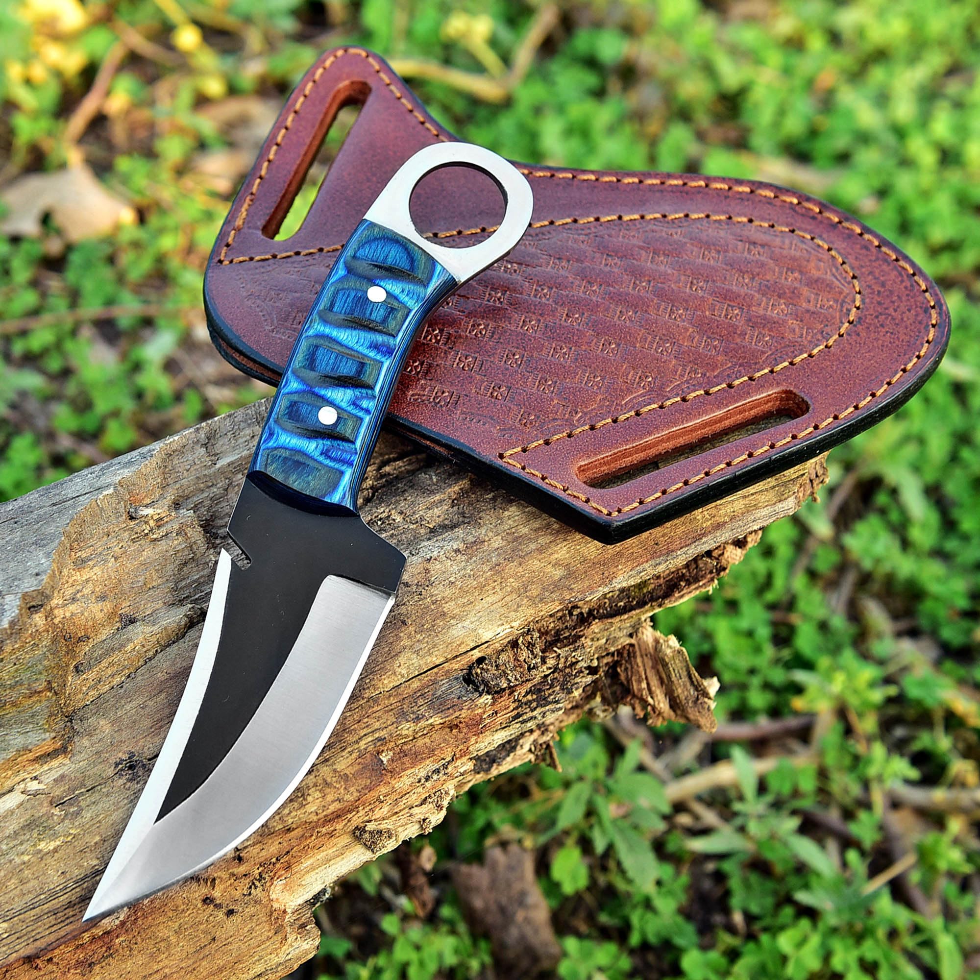 TAC Knives - Bushcraft Survival Knives 1095 Steel Fixed Blade outdoor - Pakka Wood Handle - Pancake Leather Sheath - Traditional Field for Camping Knife, Fishing, Hunting , Men & Women - EDC Knife to Carry on Belt (BLUE)