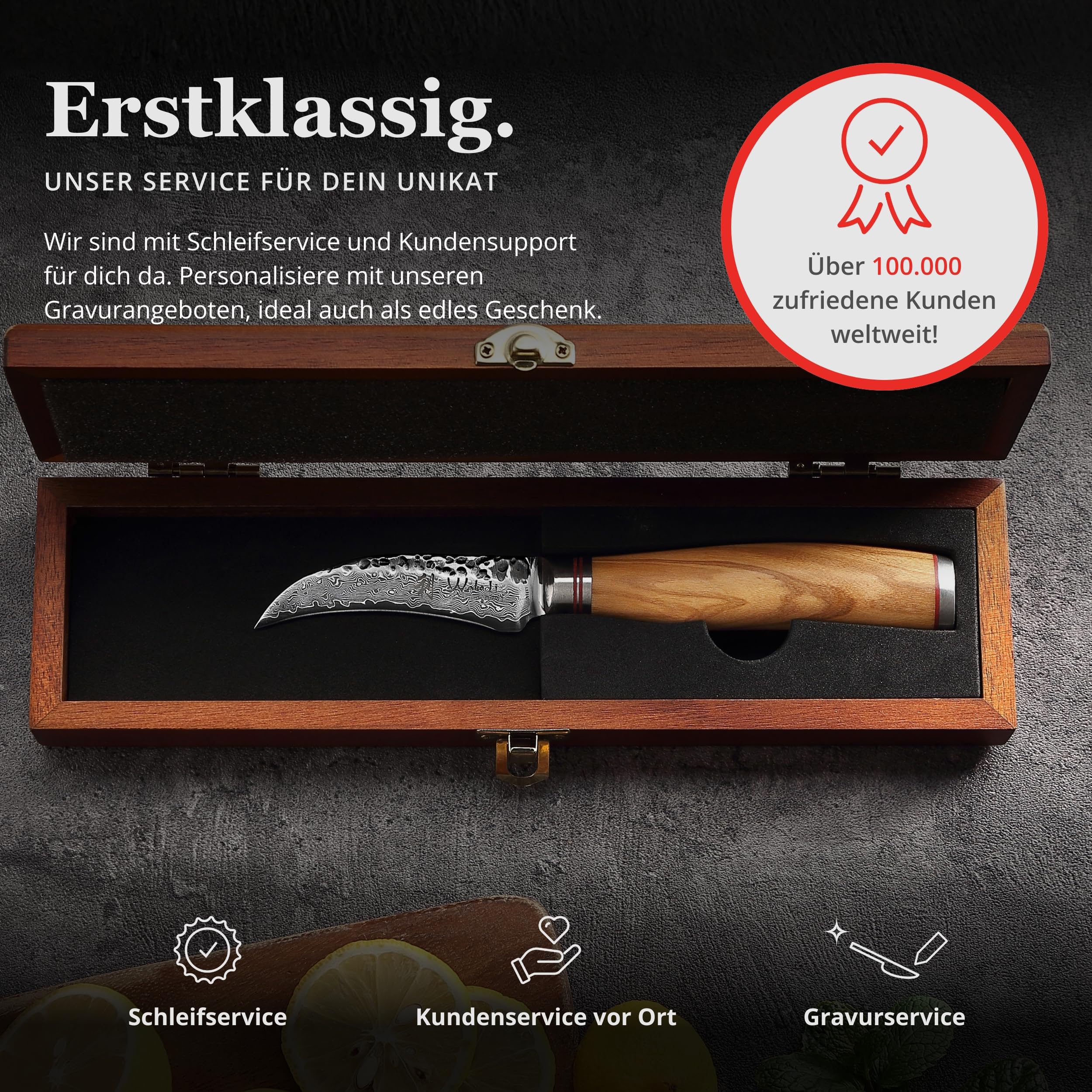 Wakoli Olive HS Schälmesser 7 cm Klinge aus 67 Lagen Damaststahl, VG10-Kern | Gebogene Klinge, Hammerschlag, Olivenholzgriff, 60 ± 2 HRC und beidseitiger V-Schliff zum Schälen, Putzen und Tournieren