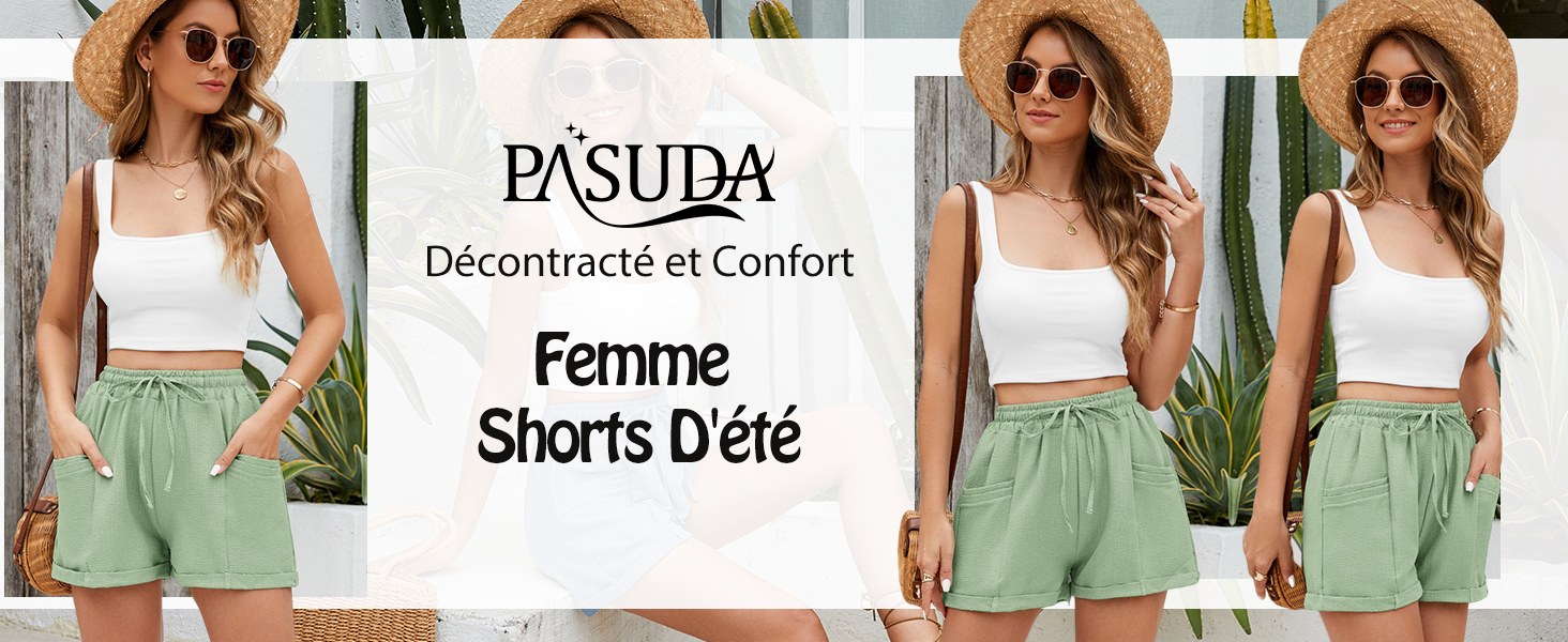 Short Basics 1 Longueur 2 Pouces Short Femme Décontracté Central Chic - Taille élastique, Sensation Lin, Confortable Pour L'été Short Femme été