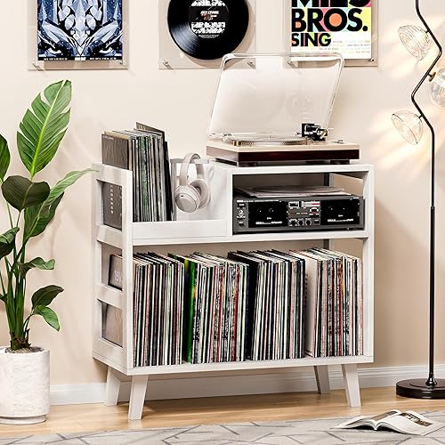 Miniatura 8 de Soporte para tocadiscos con almacenamiento de vinilo, soporte para tocadiscos moderno Mid-Century con capacidad para más de 150 álbumes, mesa de