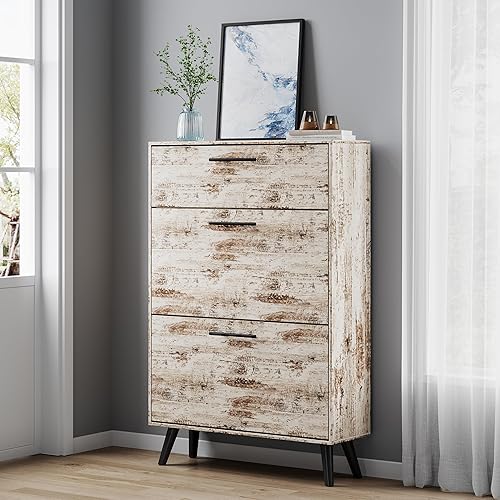 Miniatura 7 de Buytime Zapatero de granja, organizador de zapatos de madera con cajones ocultos y estantes abiertos, organiza 20 pares de zapatos, perfecto para