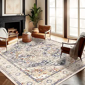 Washable Area Rug 10'x14' Blue Khaki Retro Flowers Boho Design Non-Shedding Easy Care Ideal for High Traffic Areas in Living Room Bedroom Office Coffee Table Kitchen Large Carpet