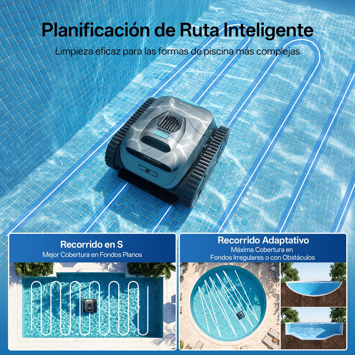 Ultenic Robot Piscina Limpiafondos y Paredes, Línea, Navegación S&N App | Limpieza Fondo/Paredes/Línea, 180min/150㎡, Autoaparcamineto, Filtro 180μm 3.5L, Control App, Automático y Inalámbrico