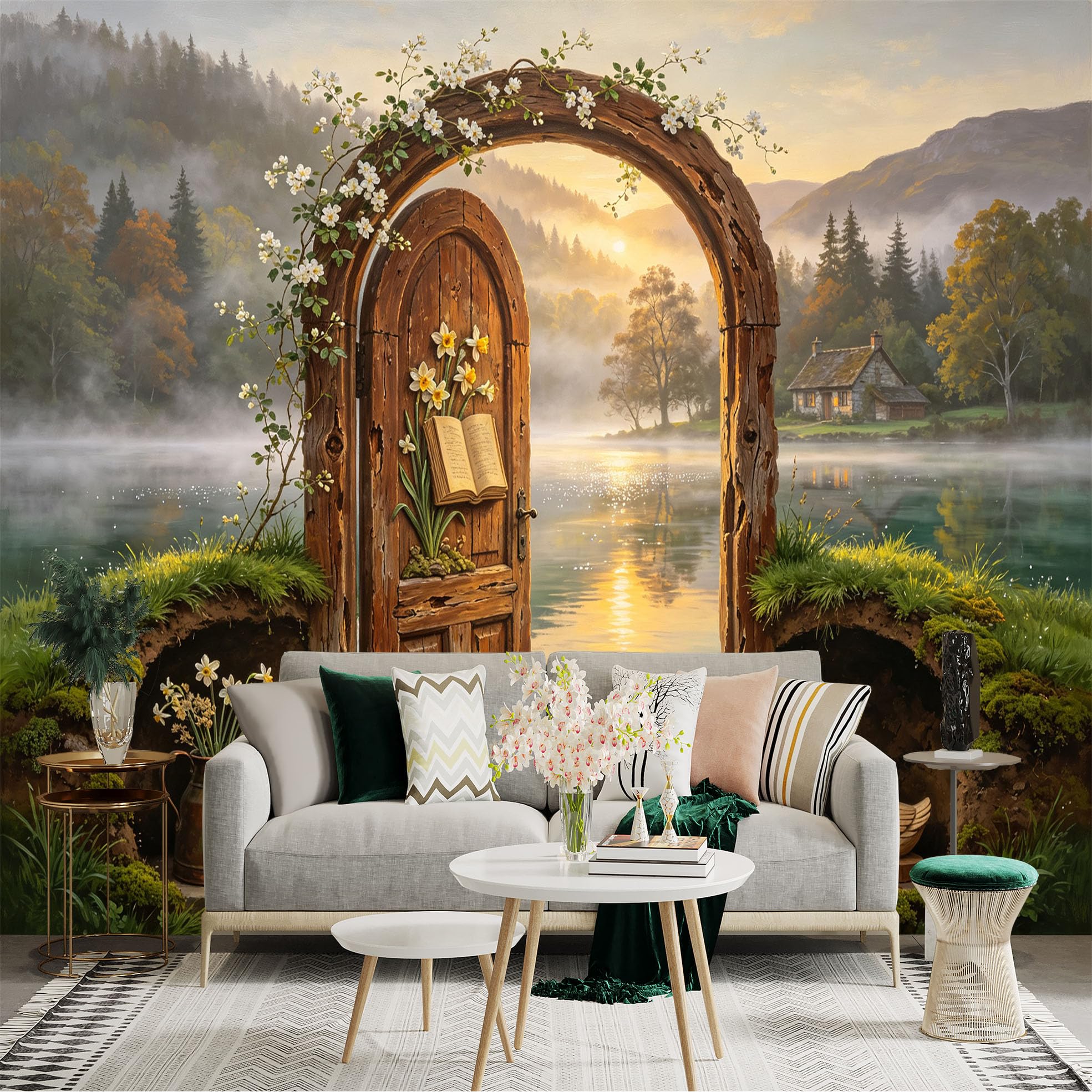 Custom Size Wall Sticker Mural， Rustic Wooden Door by Misty Lake， Forest Cottage and Sunrise Landscape， for wall Decoration， peelandstick wall Decals.