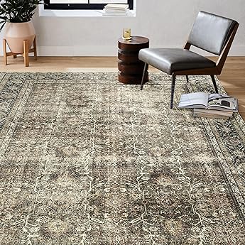 3x5 Area Rug Washable Vintage Neutral Entryway Living Room Carpet Indoor Office Non Slip Brown Entrance Distressed Low Pile Retro Accent Throw Rug for Dining Room Bathroom Bedroom Laundry
