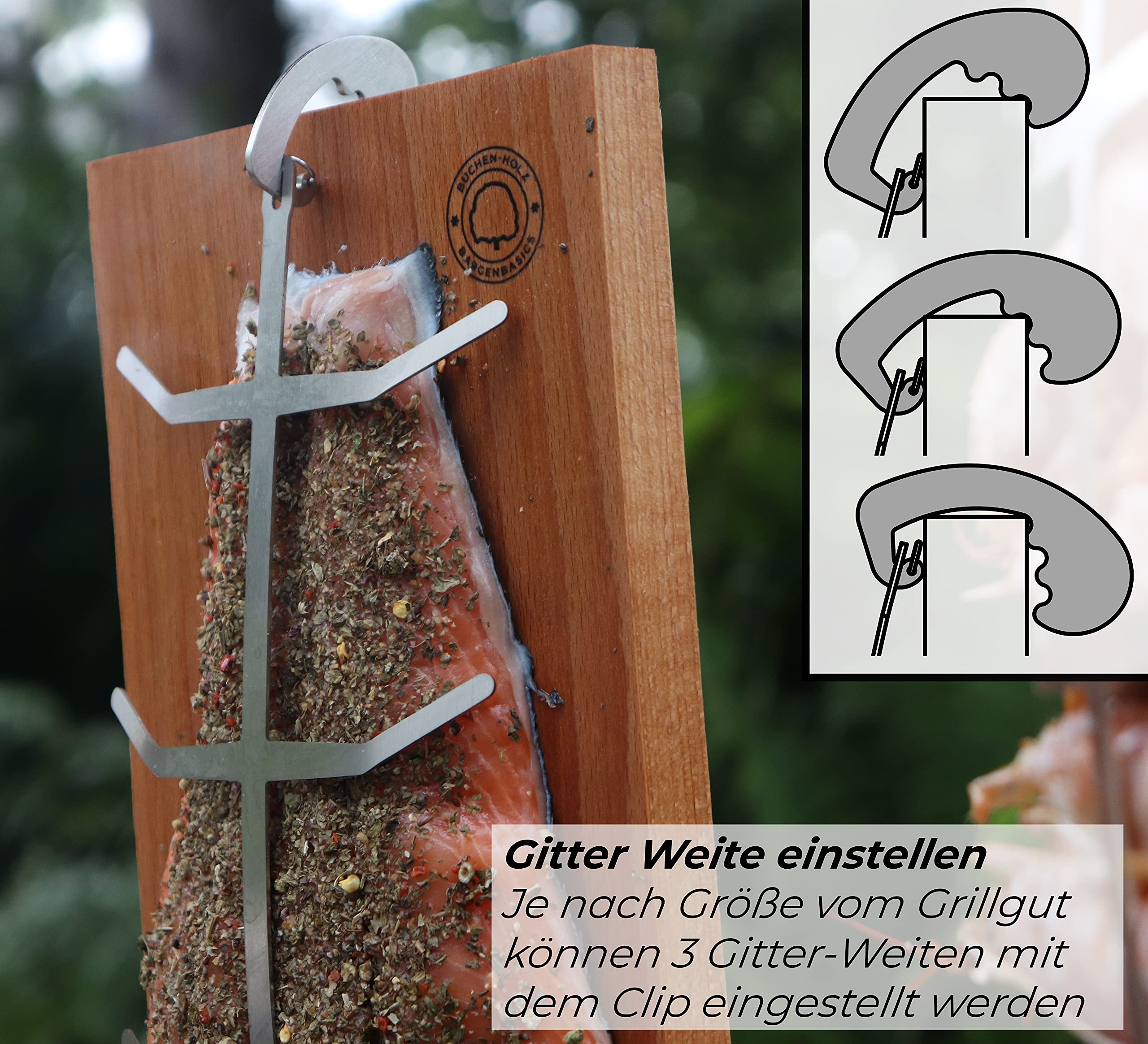 Bargen Flammlachsbretter mit Stabiler Edelstahl-Halterung 32 x 15 cm - Grillzubehör für Feuerschalen und Kugelgrill (2er Set)