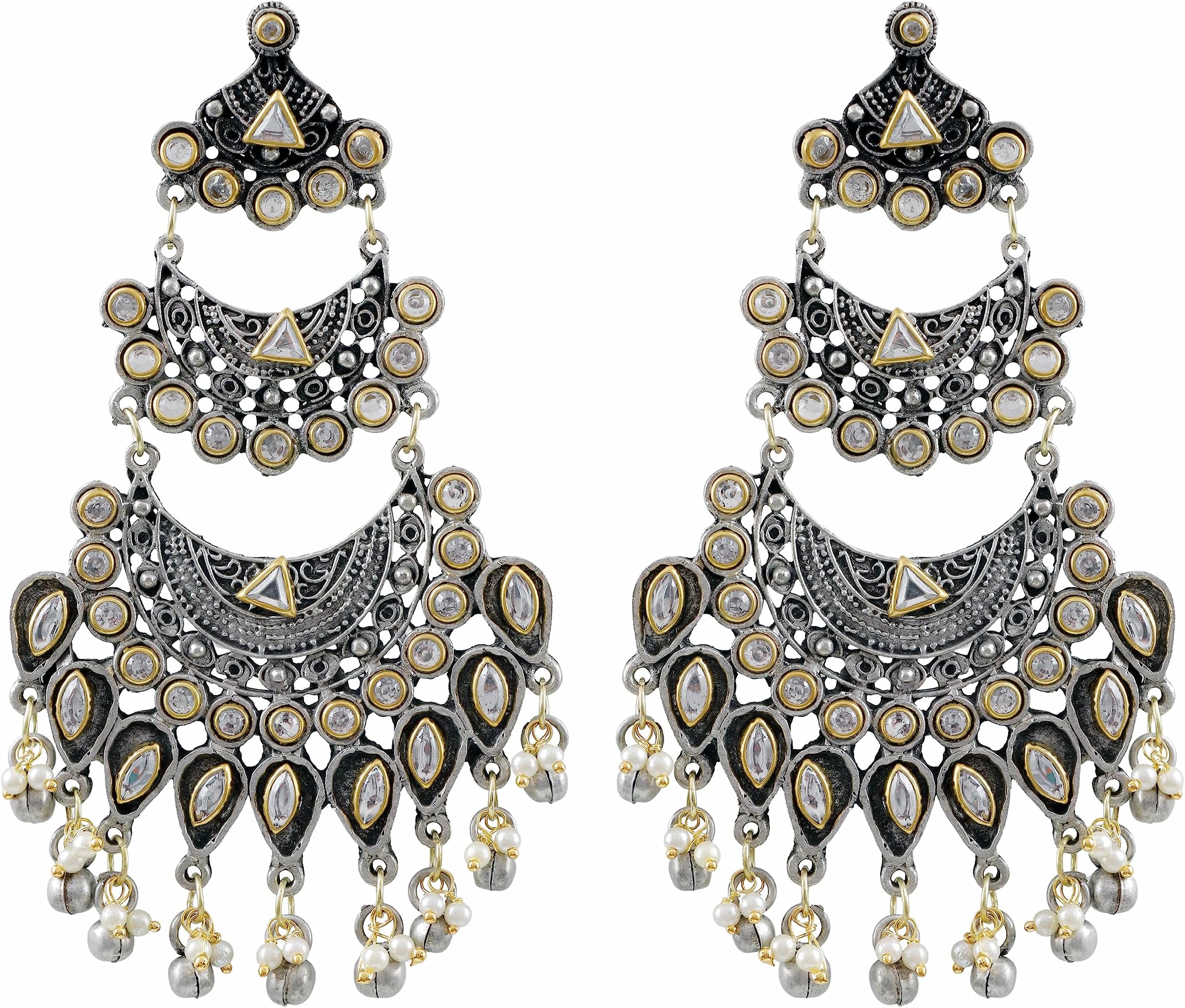 Retro Indian Ghungroo bOHO Silver Oxidized Kundan Jhumka Dangle Earrings Gypsy Fashion Jewelry