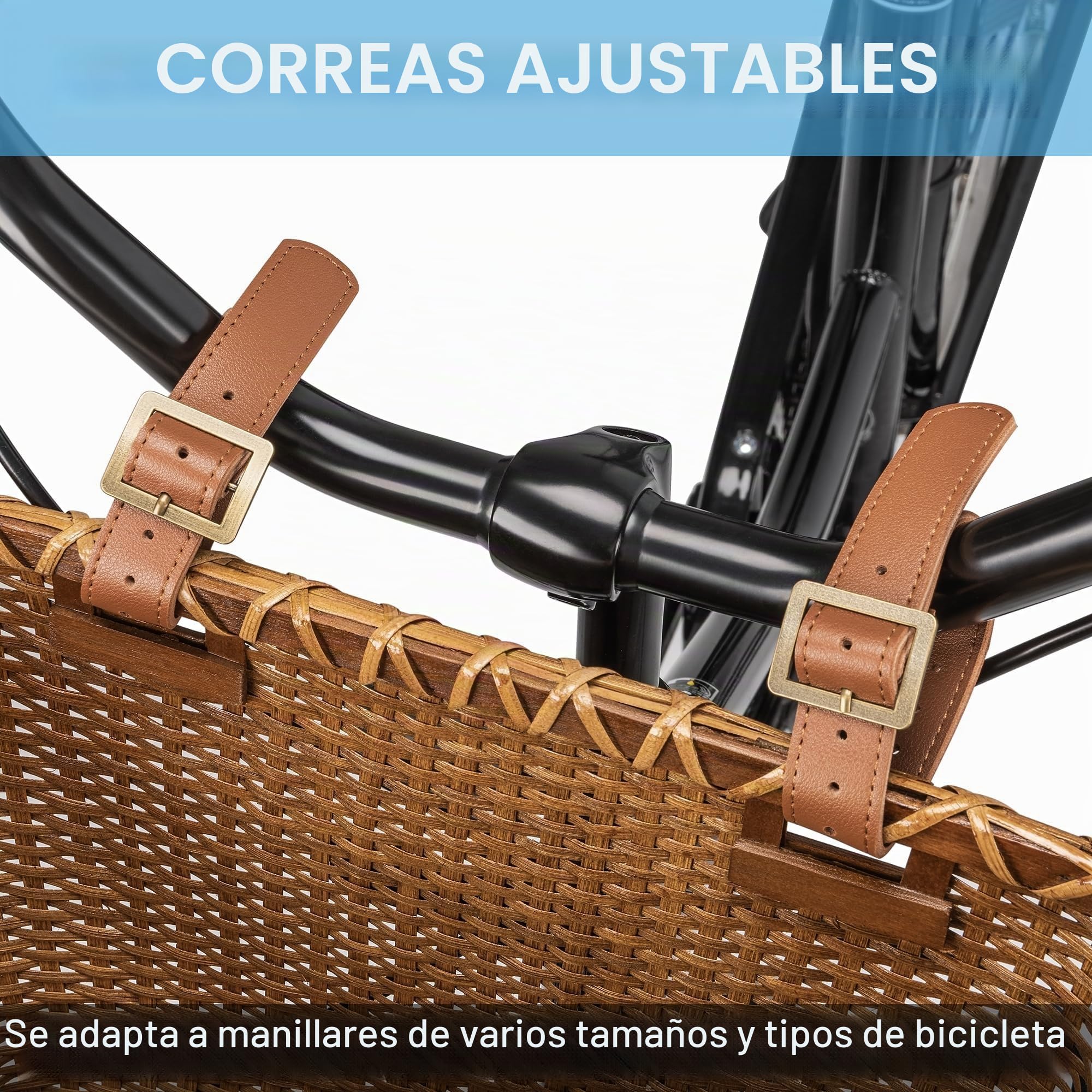 Cesta para bicicleta – diseño retro, robusta cesta para manillar con base de madera y soportes de cuero, ideal como cesta delantera para bicicleta