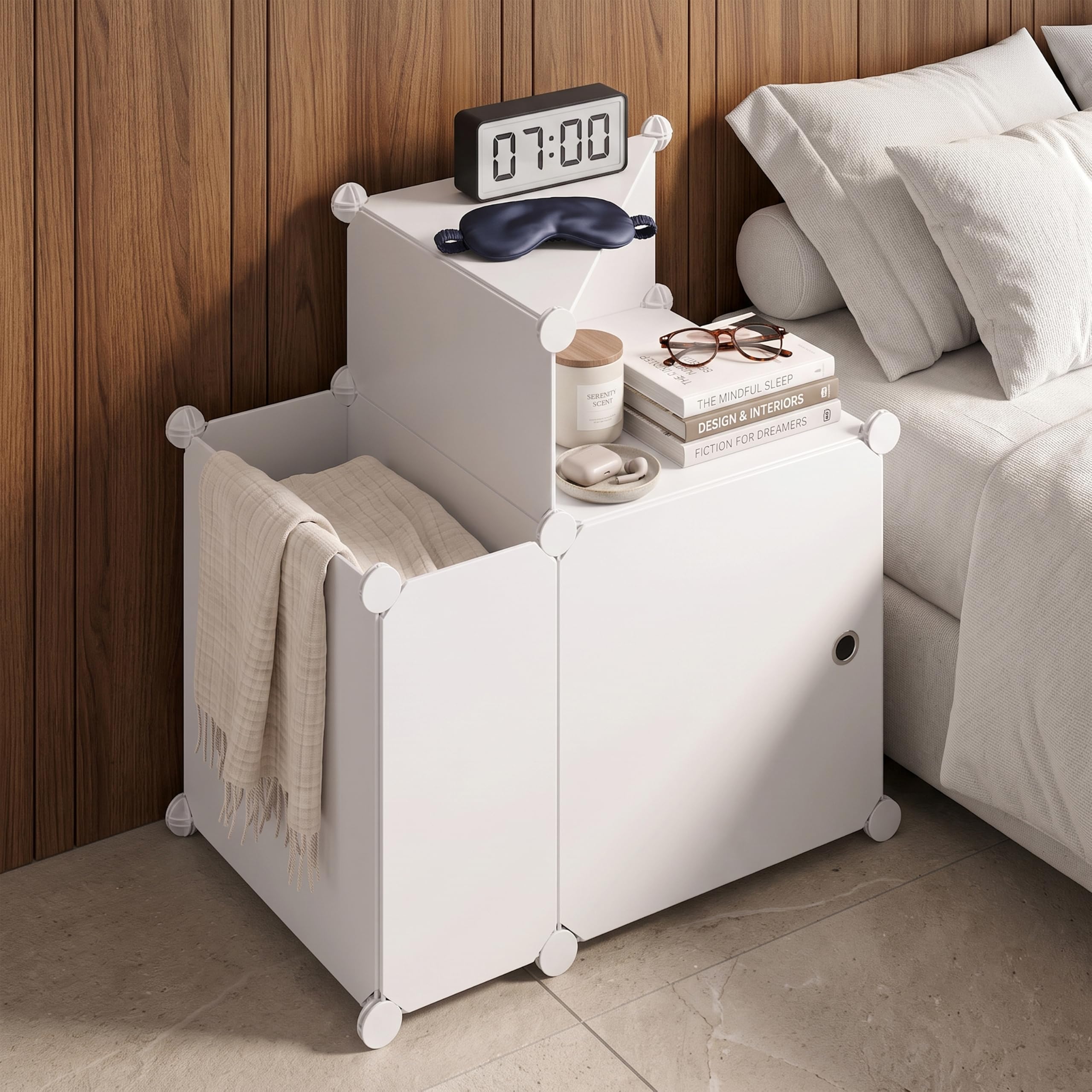 aloxe pvc portable bedside table(white) – diy nightstand, space saving end table, storage cabinet unit, organizer shelf for bedroom & living room