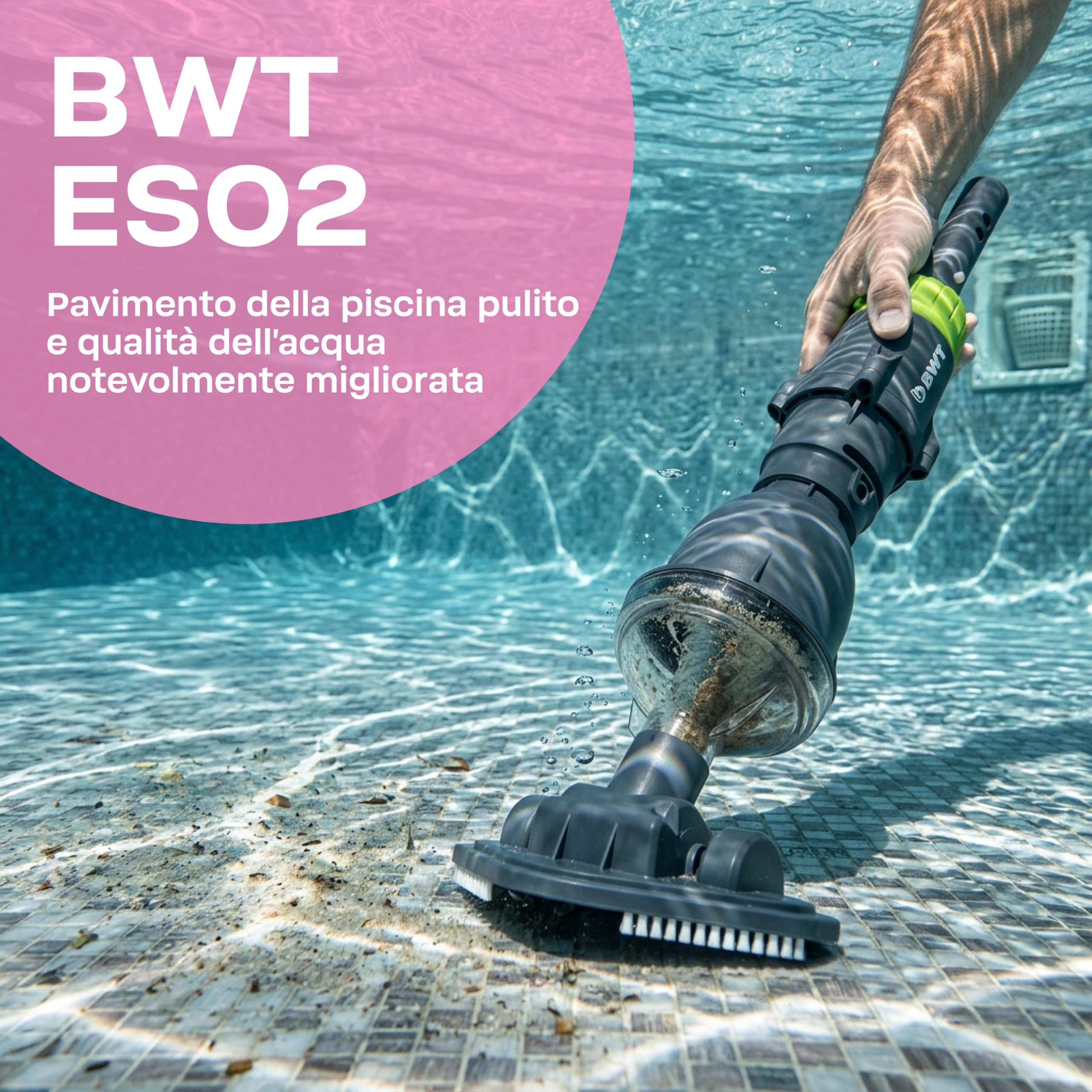 BWT Aspiratore Piscina ES02 [NUOVO 2026] | Pulitore a Batteria Senza Fili | 30min Autonomia | 2000 mAh | Per Piscine e Spa fino a 10000l | Ricarica USB | Aspirapolvere senza fili, 30 minuti di autonomia, 2000 mAh, per piscine idromassaggio fino a 10000 l,