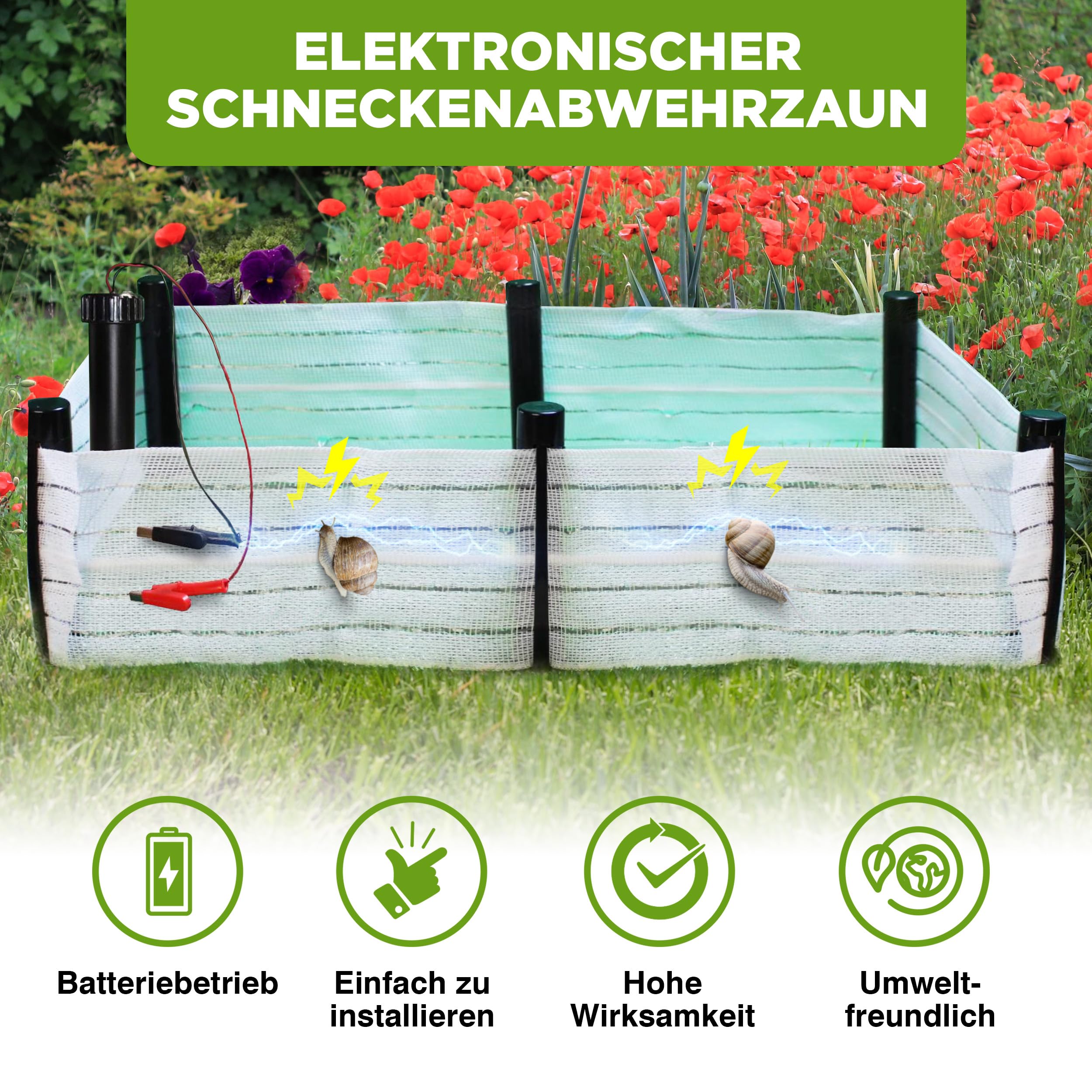 ISOTRONIC Schneckenzaun elektrisch 10m – batteriebetriebener Stromzaun zum Schutz vor Schnecken in Beeten & Hochbeeten – effektiver Schneckenschutz – umweltschonend & tierfreundlich – einfache Montage