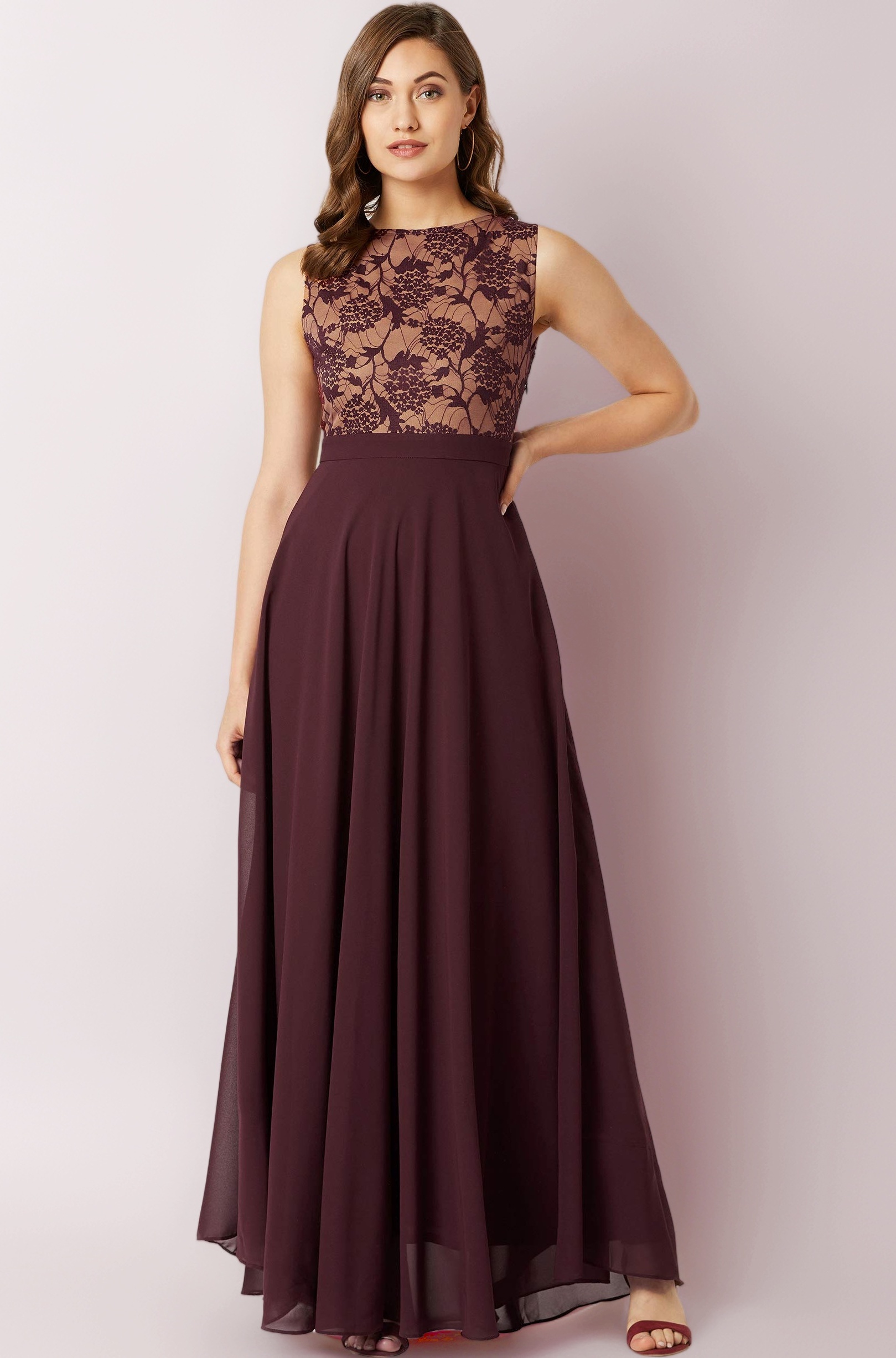 Women's Brick Red & Dusty Green Boat Neck Sleeveless Self Design Lace Overlaid Regular Dress