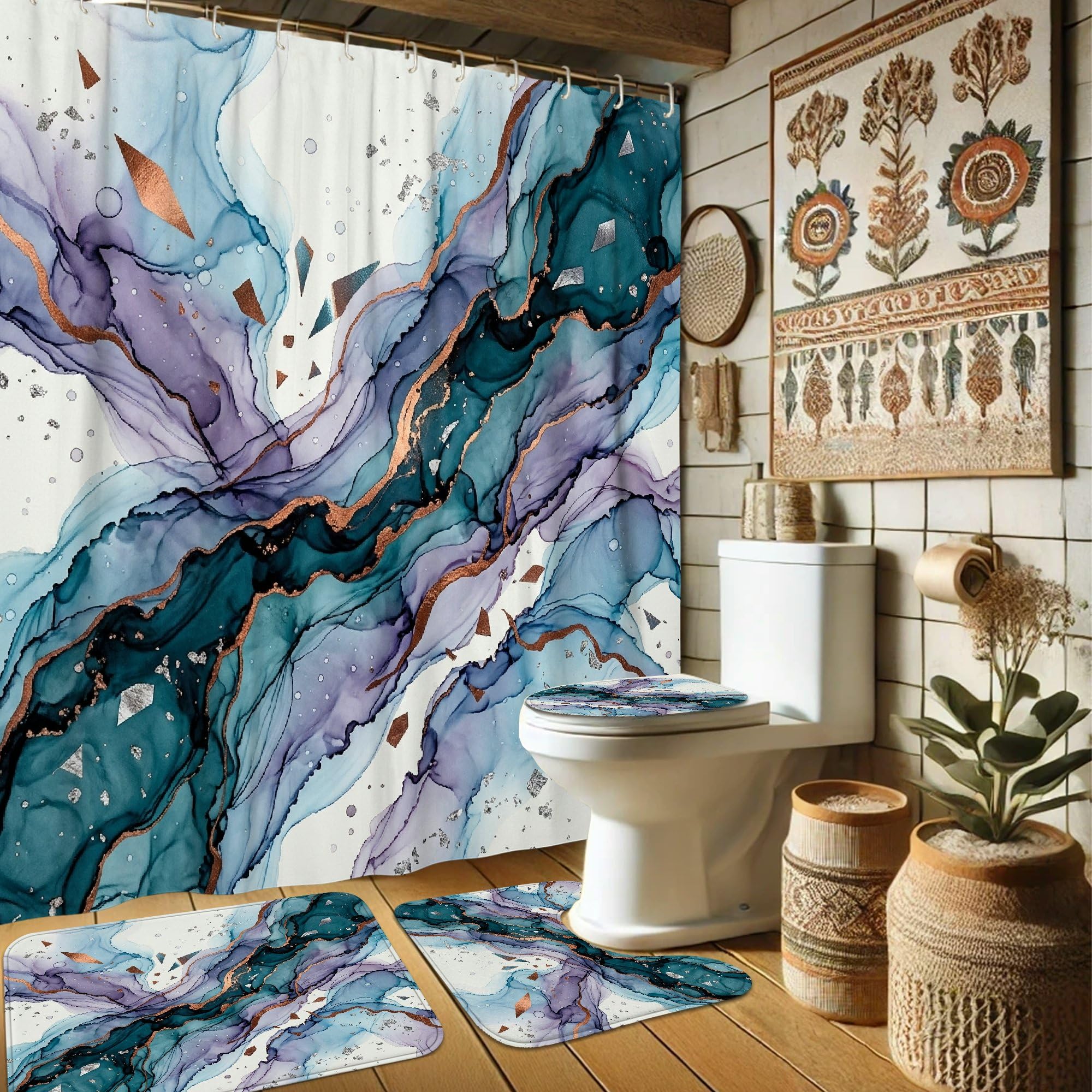Rideau de douche anti-éclaboussures et tapis de bain bleu