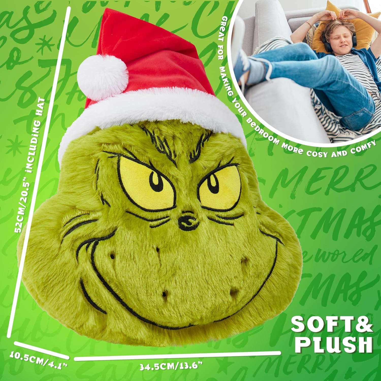 The Grinch 3D Plush Pillow Cushion for Bed, Couch, Throw Pillows Room Decor 21x14 inches, Christmas Home Decor Accessories, Funny Xmas Gifts