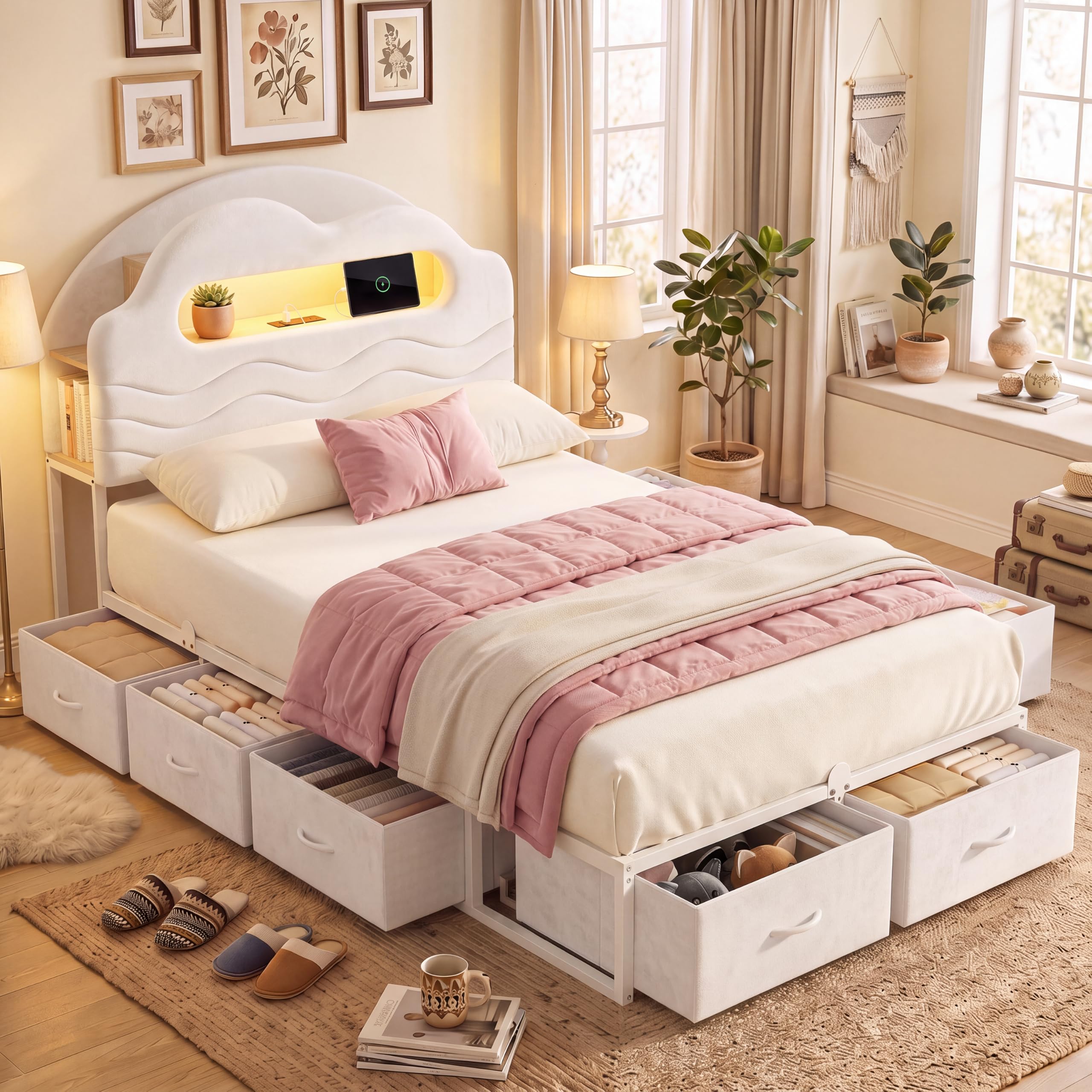 Photo 1 of Decofy Twin Upholstered LED Bed Frame with Storage Drawers, White