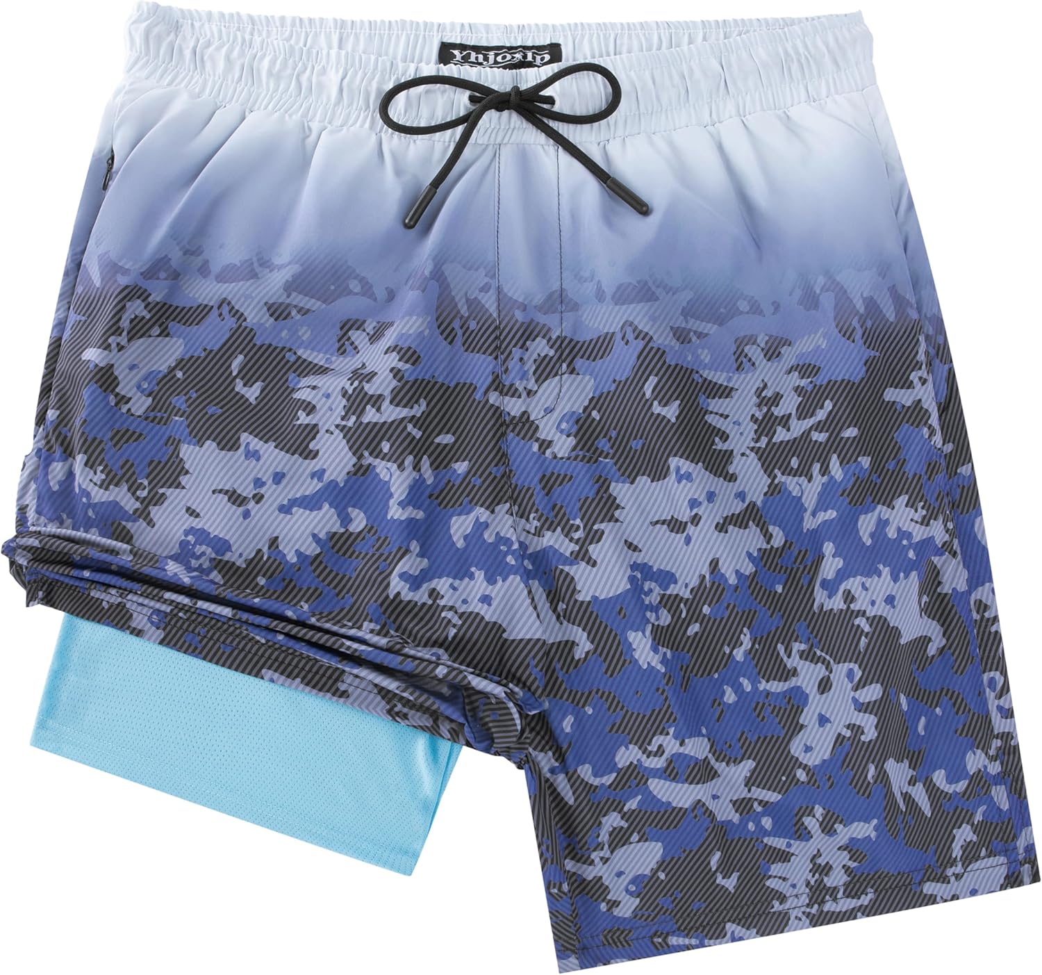 (Size L) Men's Swim Trunks with Compresssion Liner 7" Swimwear Board Shorts 2-in-1 Bathing Suits with Zipper Pockets 4X-Large Navy Gradient Camo