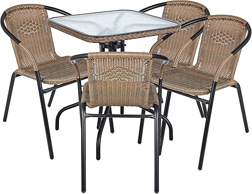 Miniatura 21 de BTEXPERT Vidrio templado de 28 pulgadas para interiores y exteriores, borde negro + 2 pilas de restaurante, 2 sillas de ratán con una mesa cuadrada