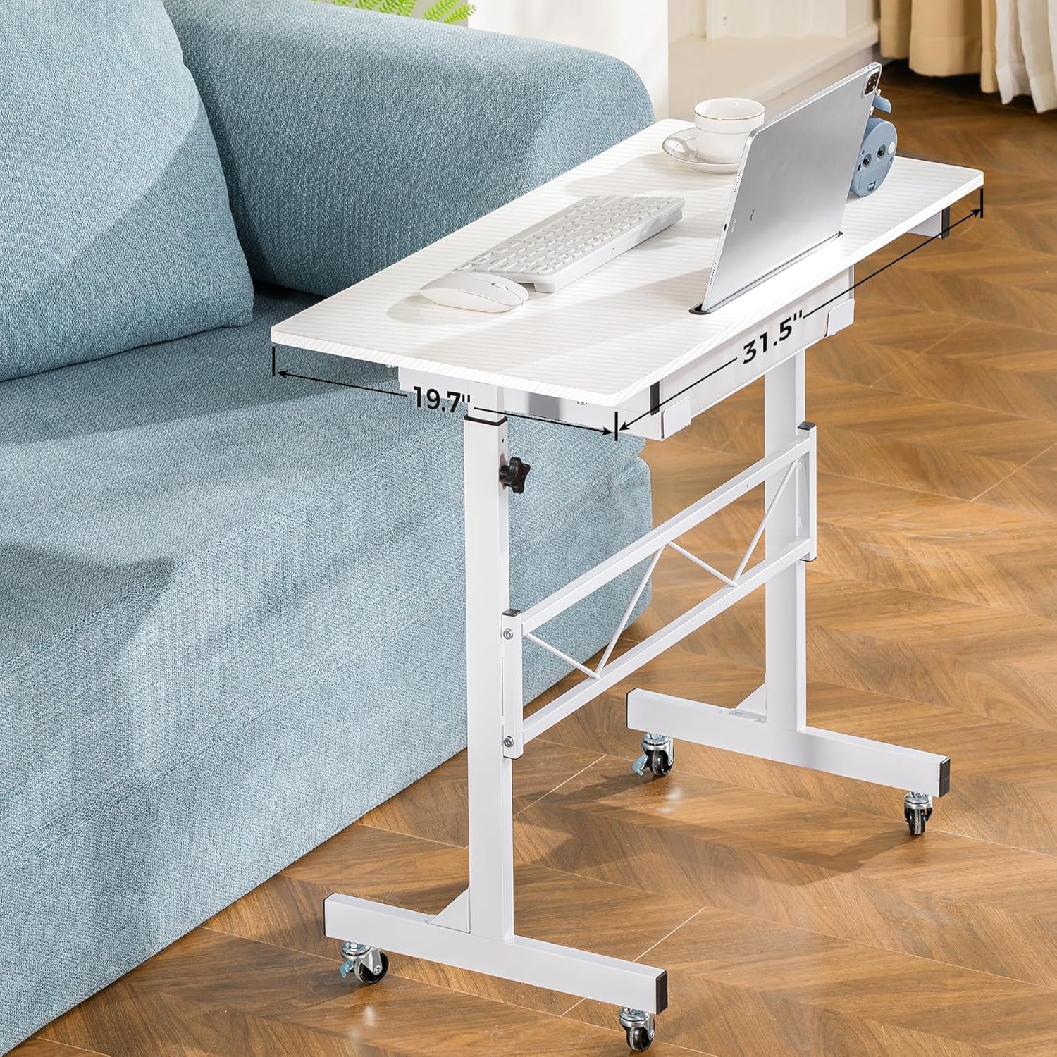 GTPLAYER Small Mobile Standing Desk, 32In Wide Adjustable Height Stand Up Desk for Home Office, Portable Sit Stand Rolling Computer Desk with Wheels Storage Drawer and Slot, Carbon Fiber Style White