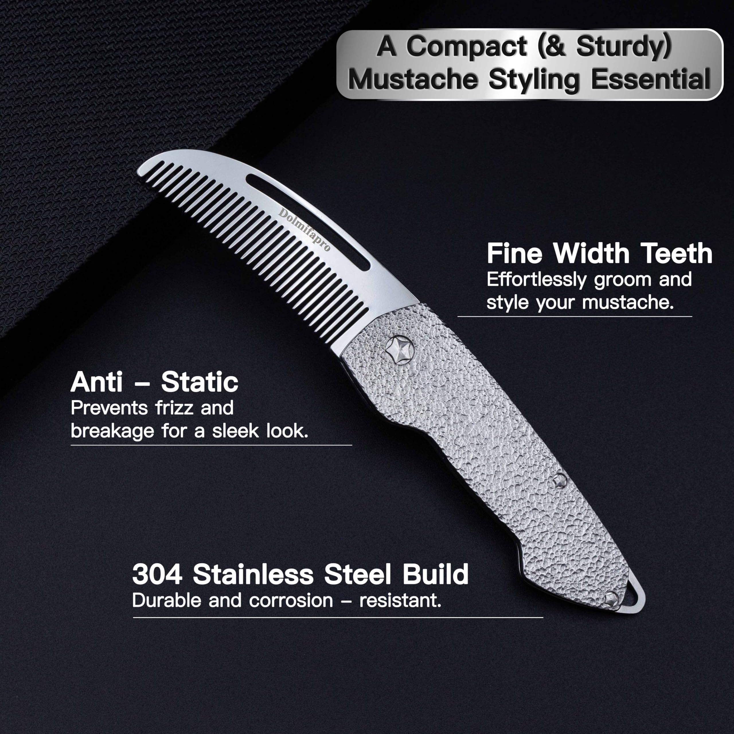 Small Folding Mustache Comb, Metal Beard Comb for men Pocket Mini Portable Fits In Keychain Anti-Static (Hammer Pattern)
