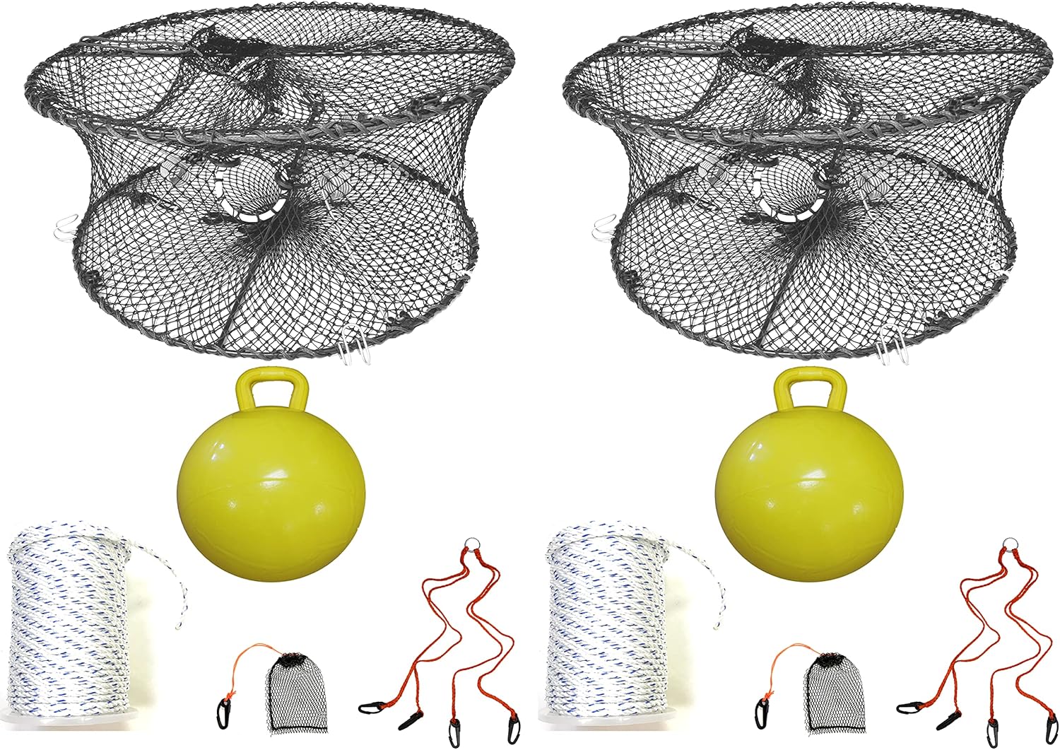 2-Pack of KUFA Sports Foldable Prawn Trap (Stretched Mesh Size:1-3/4") with 400' Rope, Yellow Float, Plastic Vented Bait Cage & Harness Combo
