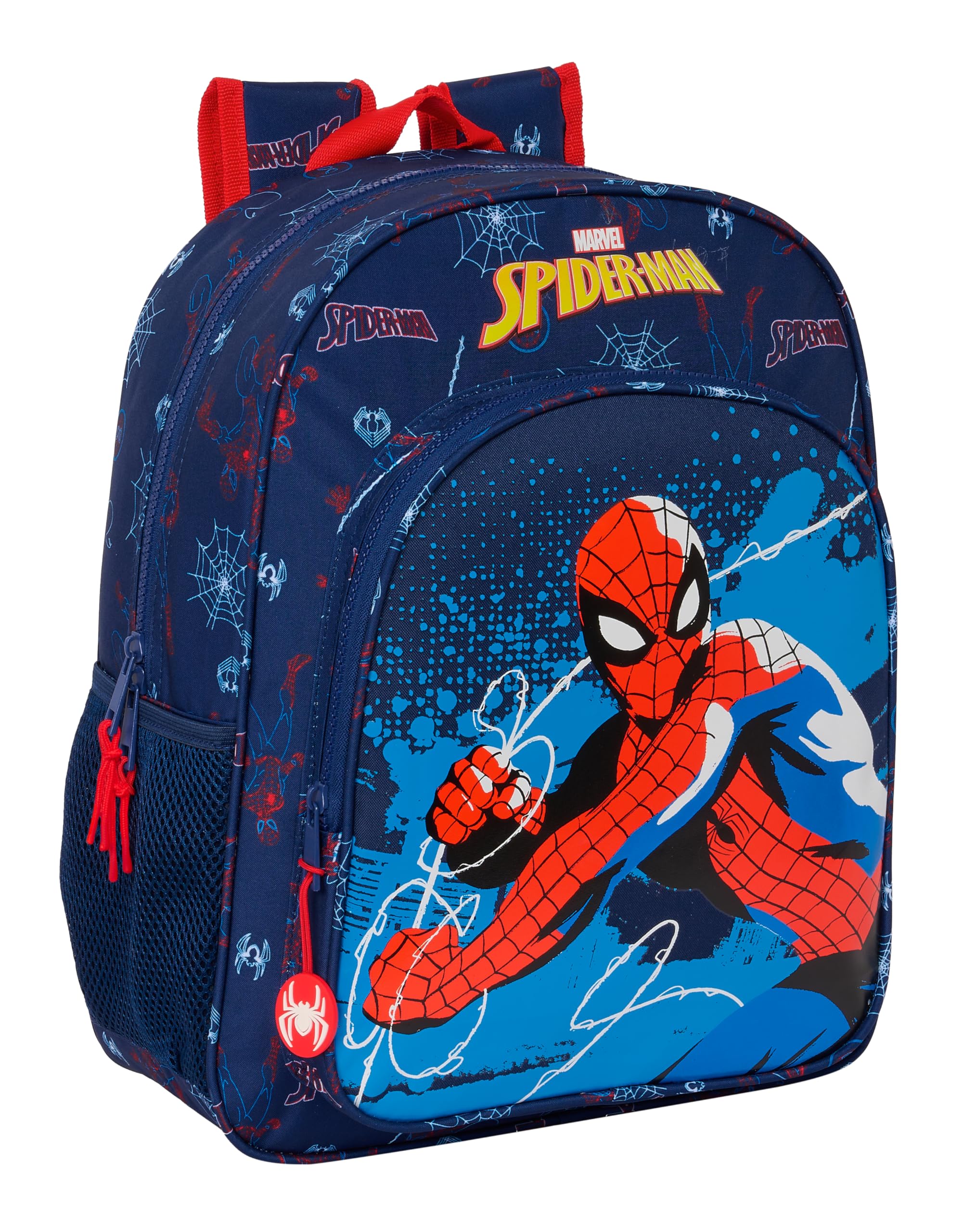 Safta SPIDERMAN NEON - Mochila Escolar Niño, Mochila Infantil, Adaptable a Carro, Ideal para Niños en Edad Escolar, Cómoda y Versátil, Calidad y Resistencia, 32x12x38 cm, Color Azul Marino