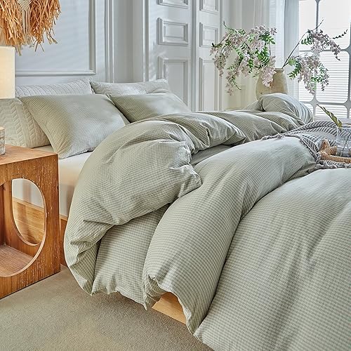 Miniatura 7 de DuShow - Juego de funda de edredón con lino ultra suave, sirsaca, cierre de cremallera y color liso, 3 piezas