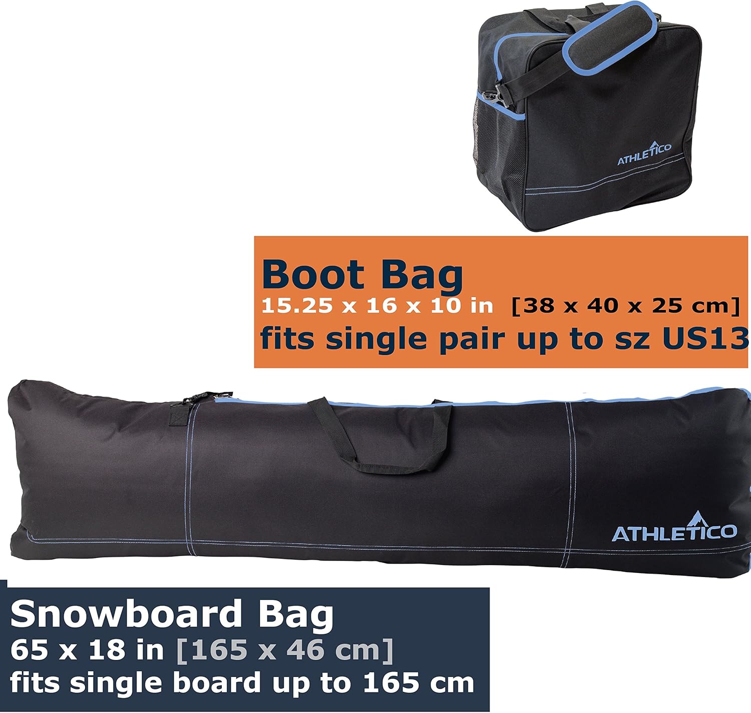 Athletico Two-Piece Snowboard and Boot Bag Combo | Store & Transport Snowboard Up to 165 CM and Boots Up To Size 13 | Includes 1 Snowboard Bag & 1 Boot Bag (Black) - Image 2