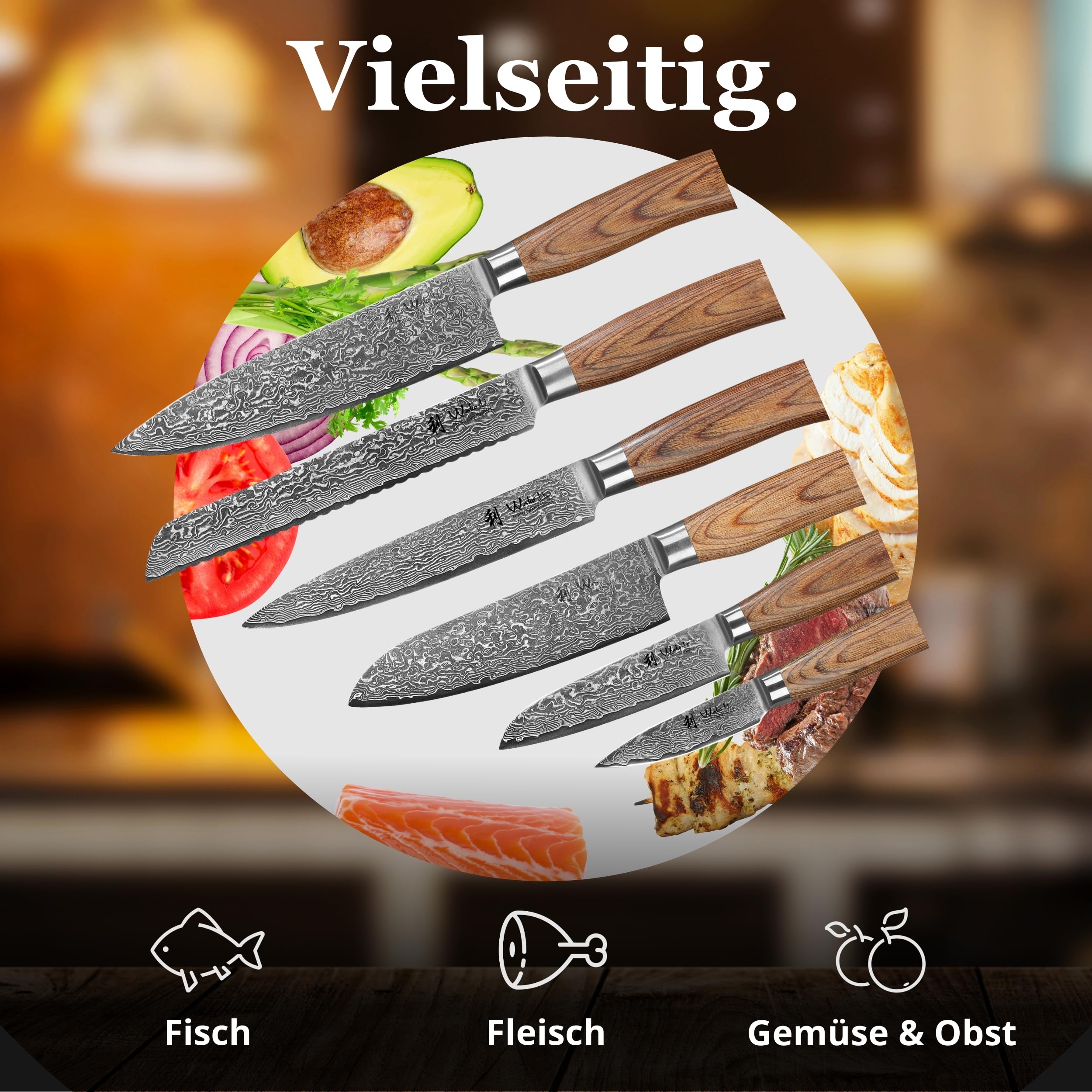 Wakoli EDIB Pro Messerblock Set mit 6 Damastmessern, 67 Lagen, VG10-Kern | Enthält Chefmesser, Brotmesser, Fleischmesser, Santoku, kleines Santoku und Officemesser sowie magnetischen Akazienholzblock