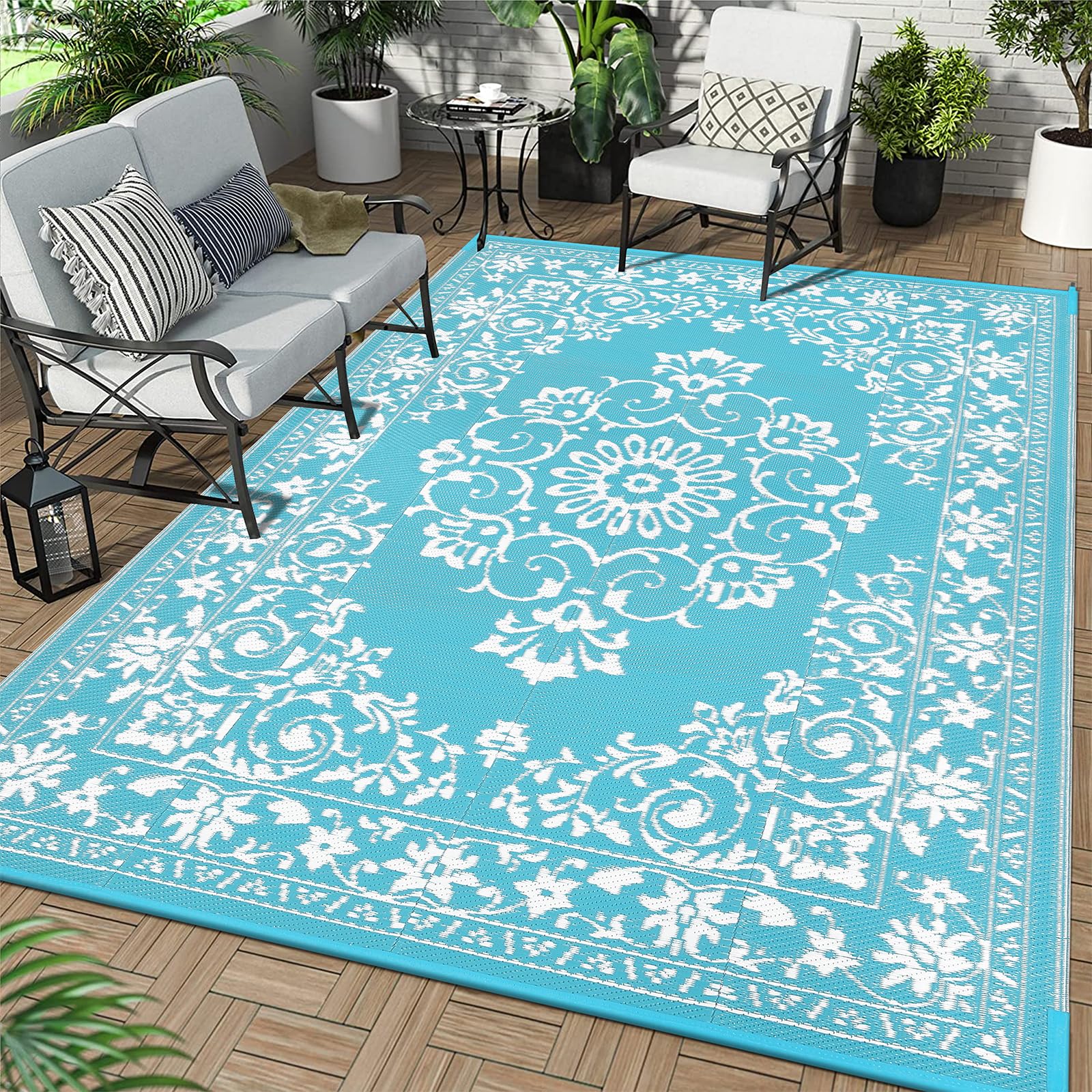 Enyhom Outdoor Teppich 240 x 300 cm Wetterfest Kunststoff Groß RV Camping Außenteppich Wendbarer Picknickdecke Balkon Garten Teppich Terrassenteppich für Strand, Wintergarten, Wohnzimmer,RV Camping