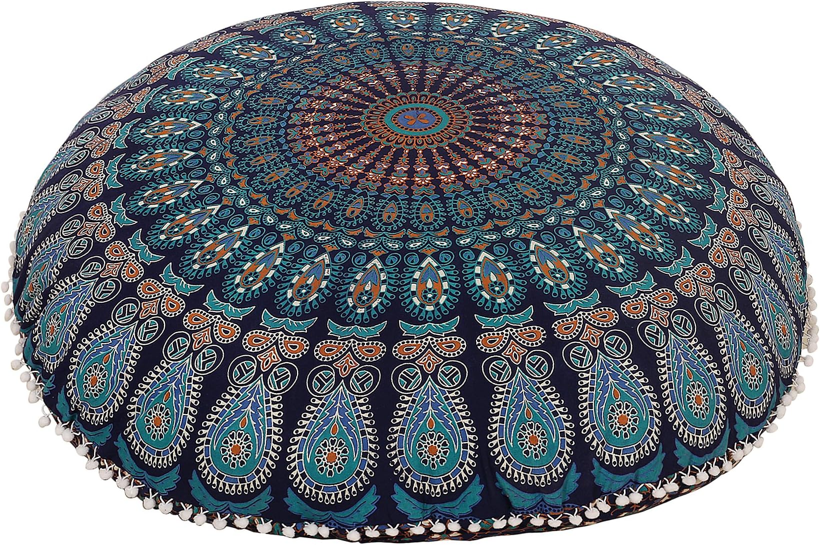32" Blue Mandala Floor Pillow Cushion Seating Throw Cover Hippie Decorative Bohemian Ottoman Poufs, Pom Pom Pillow Cases,Boho Indian