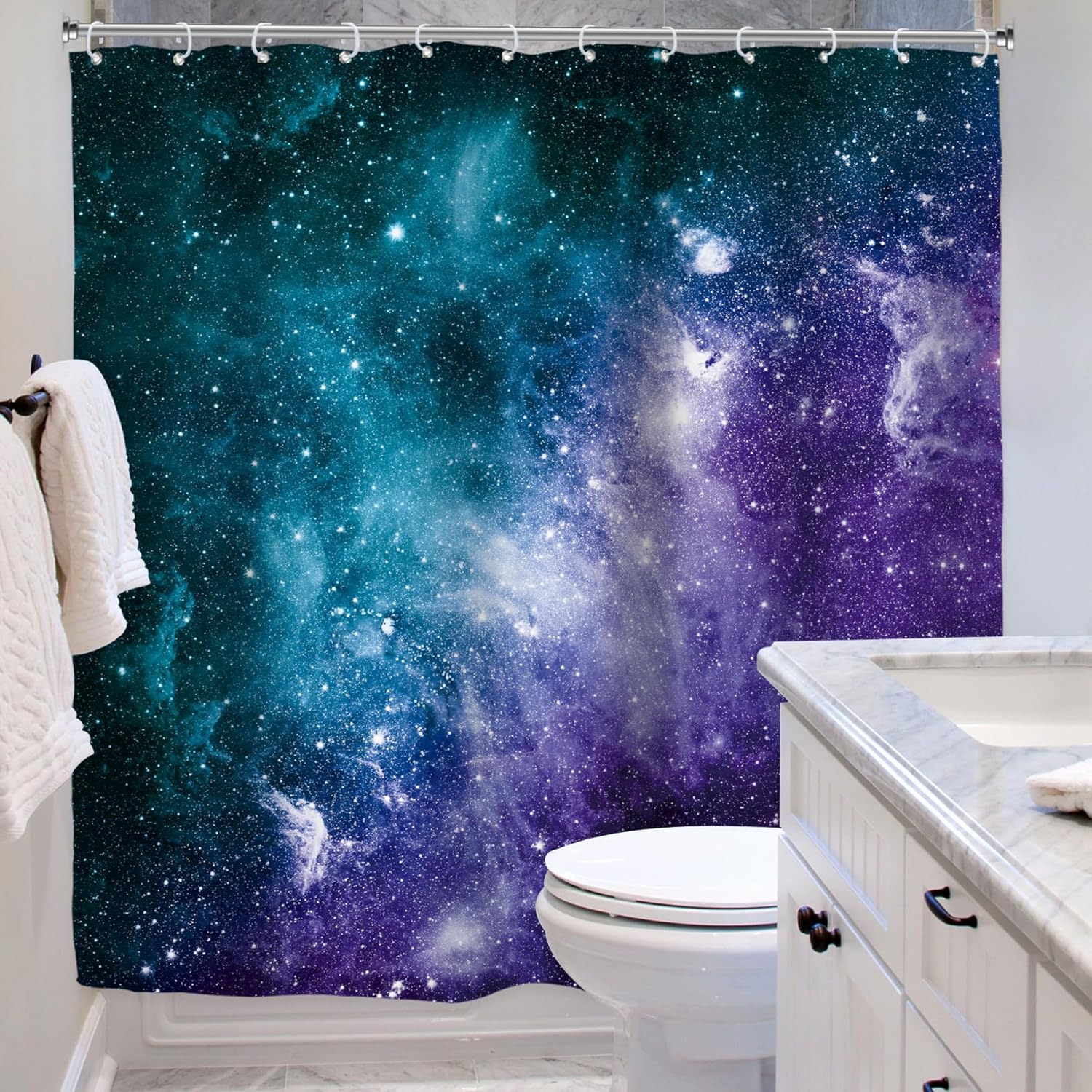 Riyidecor Galaxy Star Outer Space Shower Curtain for Bathroom Decor 72Wx72H Boys Kids Starry Nebula Universe Planet Magical Fantasy Cool Art Printed Fabric Polyester Waterproof 12 Pack Plastic Hooks