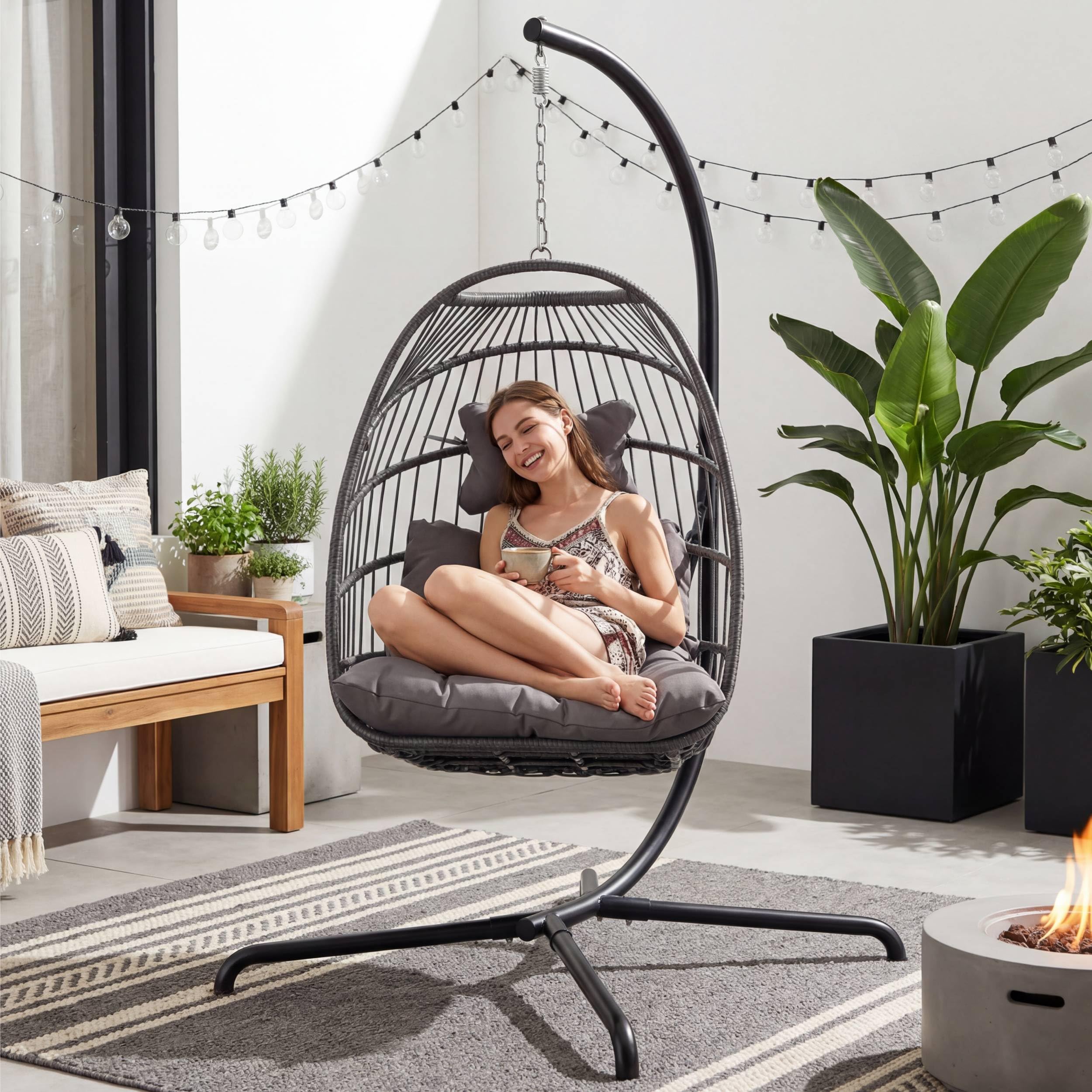 BULEXYARD Outdoor Egg Swing Chair with Stand, 350 Lbs Heavy-Duty Rattan Hammock Hanging Wicker Patio Chair with Cushion, Comfy Eggshell Basket for