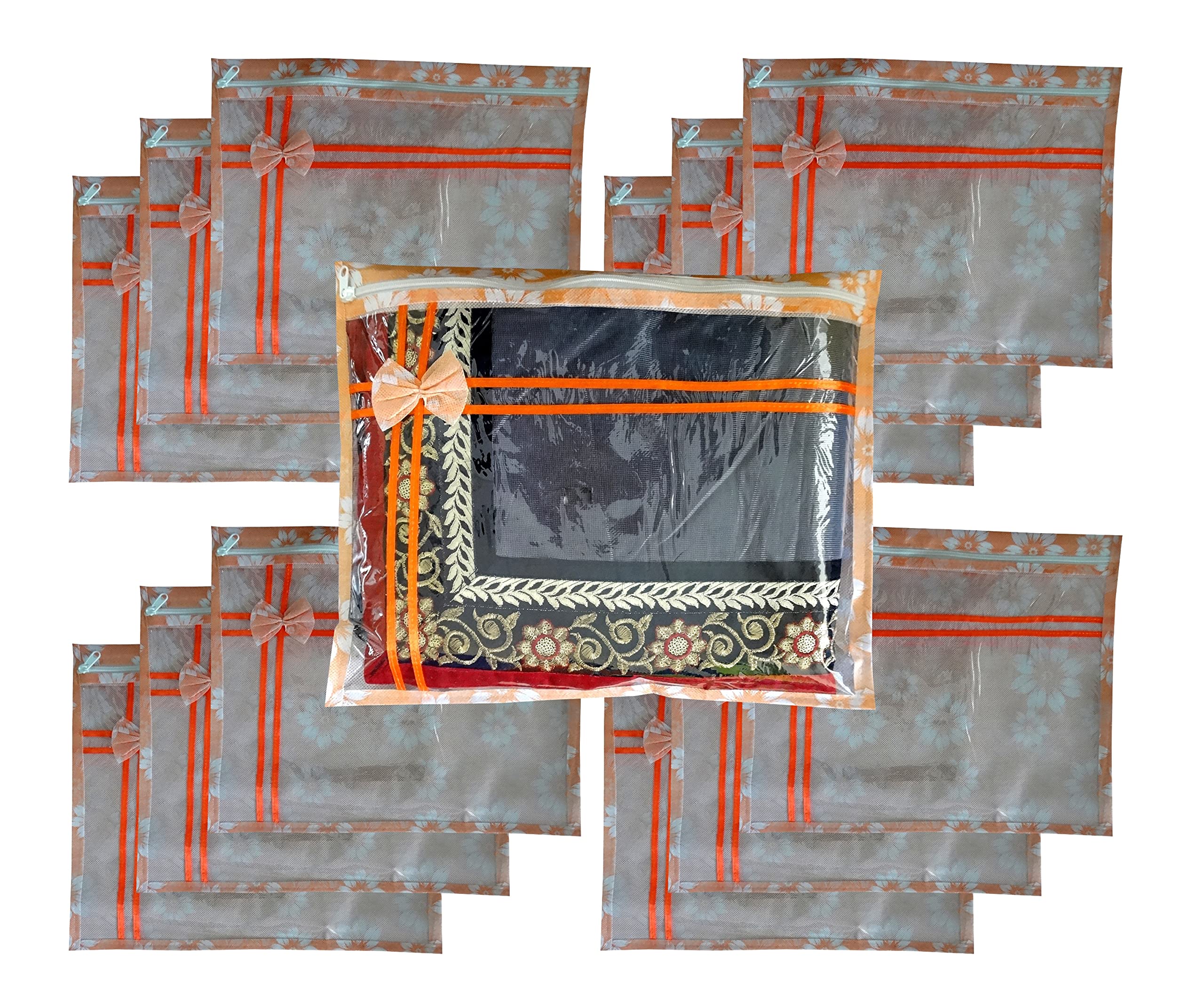 DIKHAWA Set of 12 Non Woven Flower Print Single Saree Cover Bag with Zip, Cloth Cover (Orange)