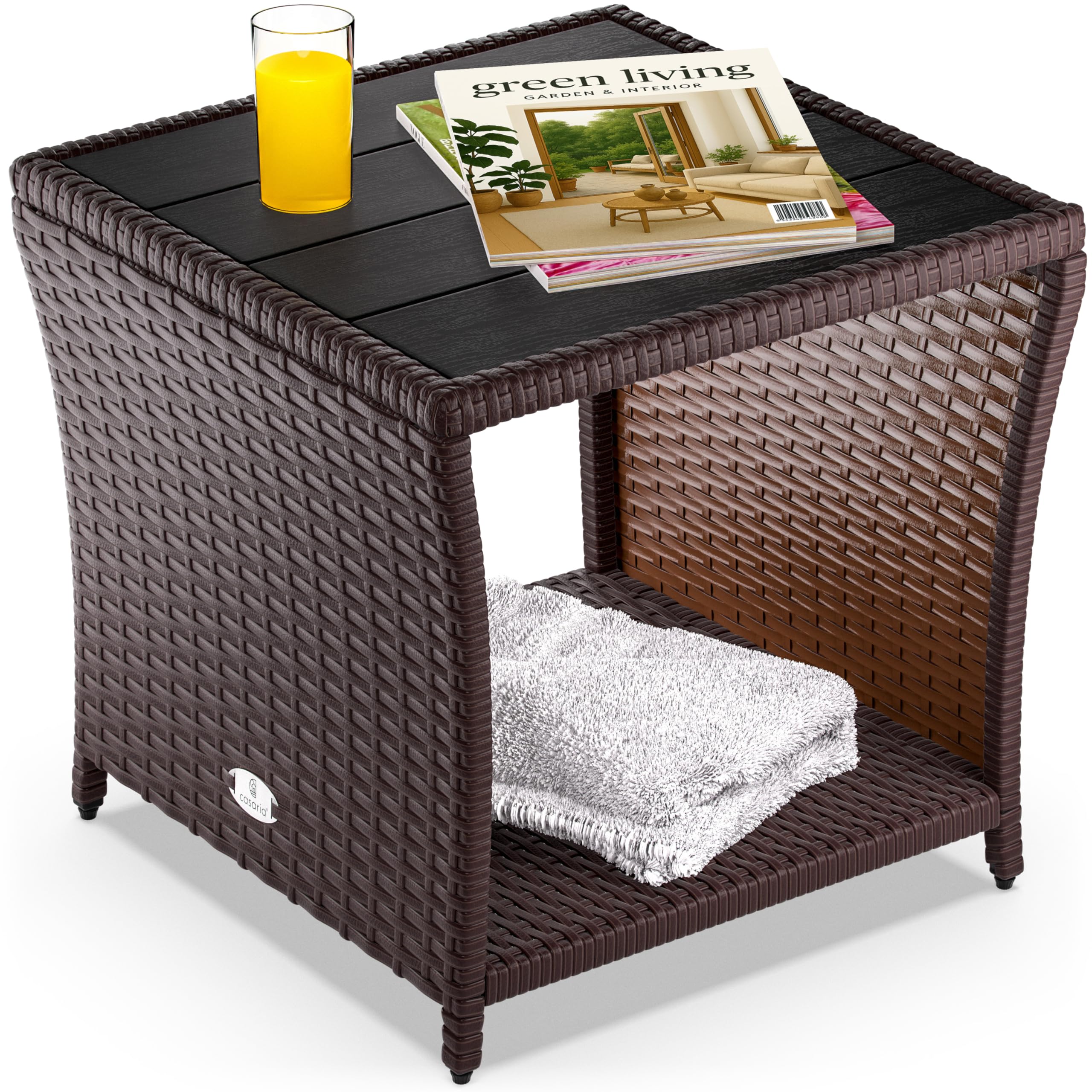 CASARIA® Polyrattan Garden Side Table WPC Table Top | 45x45x40cm 80kg Load Capacity | Weatherproof Outdoor Patio Deck Balcony Furniture Coffee Table | Adjustable Levelling Feet | Brown