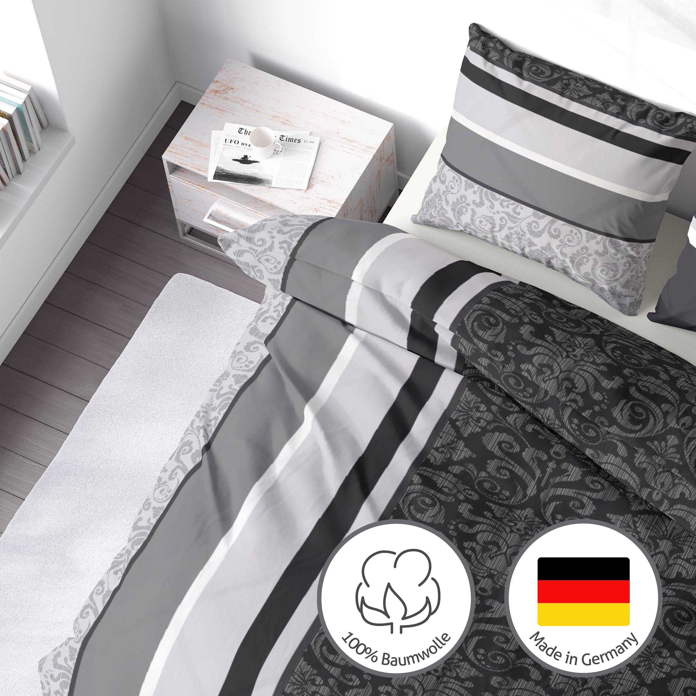 LINKHOFF Flanell Biber Bettwäsche 155x220 Baumwolle 2tlg | Bettwäsche-Set in Grau Anthrazit Paisley Muster | Flauschige Winter-Bettwäsche | 1x Bettbezug + 1x Kissenbezug 80x80