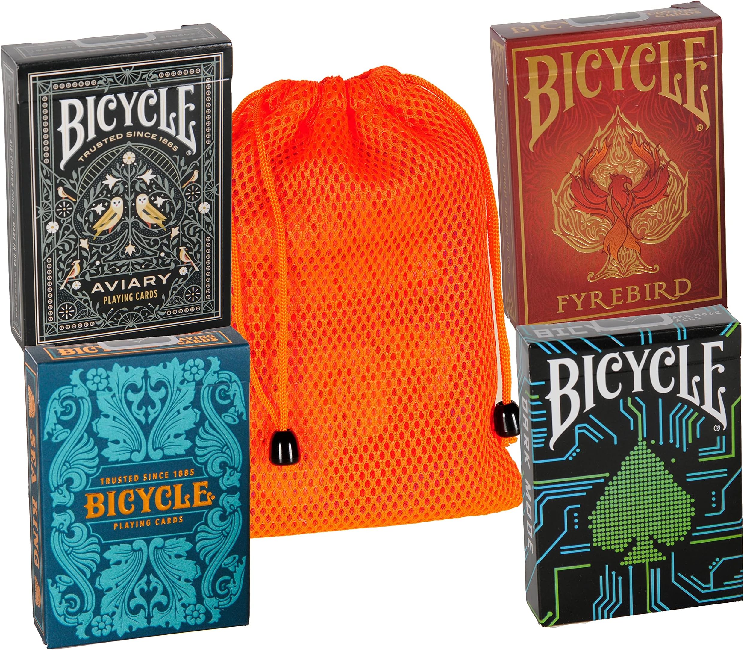 Playing Card Custom Bundle - Bicycle Fyrebird, Aviary, Dark Mode & Sea King with Orange Mesh Storage Pouch