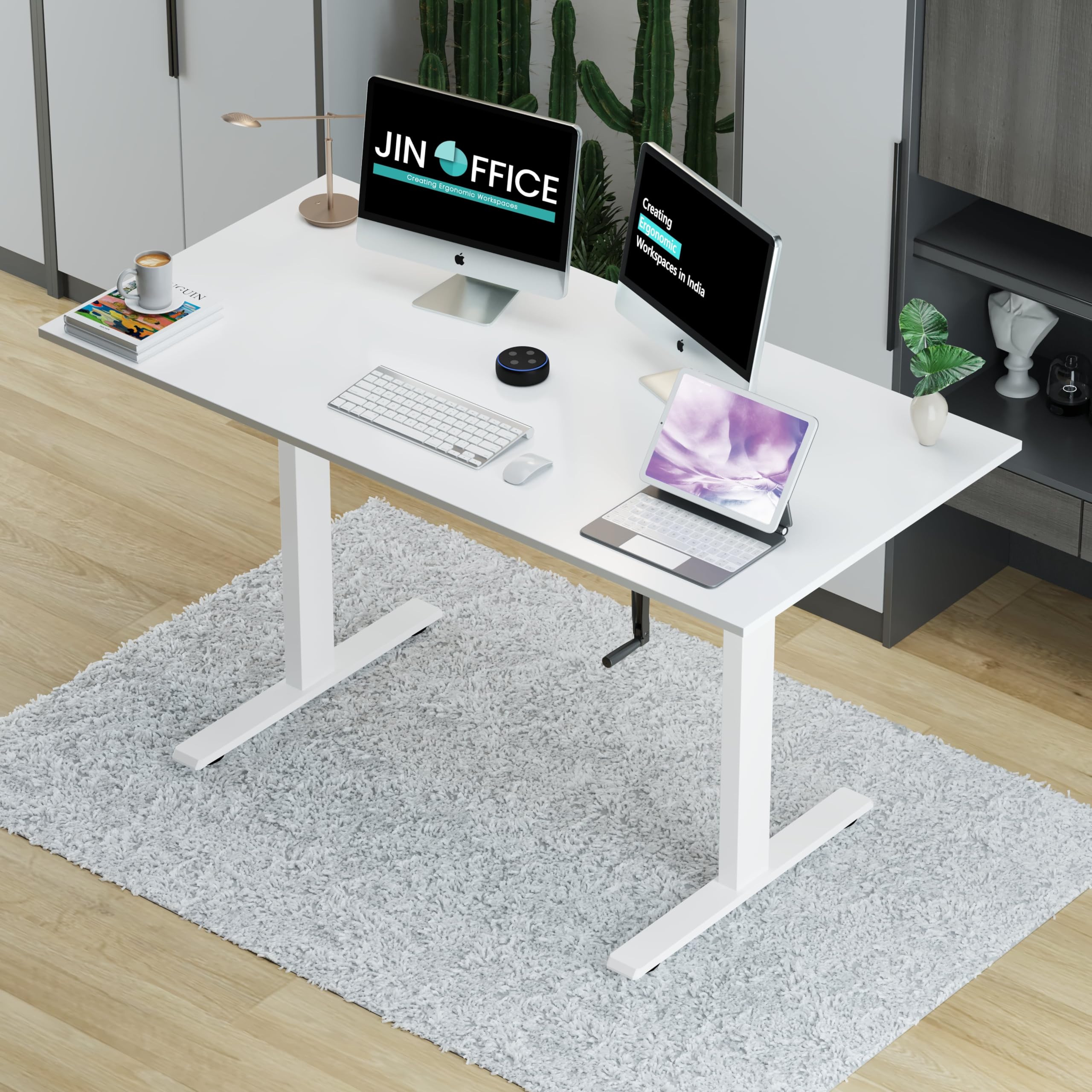 Jin Office Vertex Manual Height Adjustable Table| Adjustable Desk with Hand Crank| Sit Stand Desk| Ergonomic Table for Home Office, 3 Year Warranty,80 Kg Wt. Cap| White & White|1200*750mm/ 25MM Thick