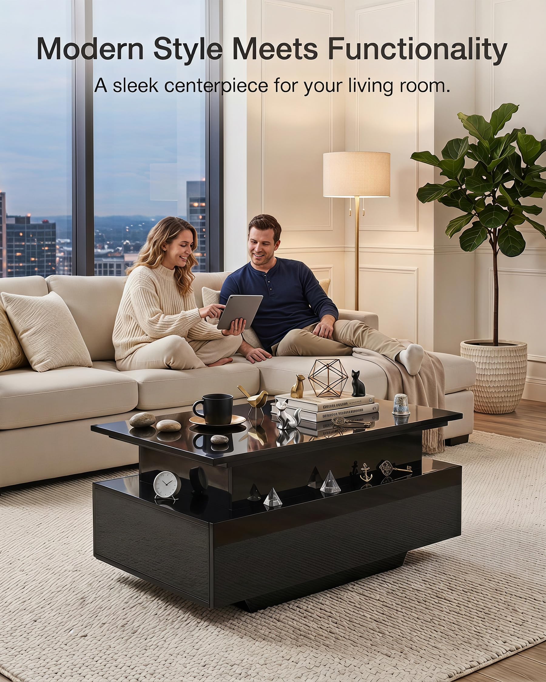 Mesa de Centro Elevable y Extensible Negro con Almacenaje y Luz LED Moderna para Salón