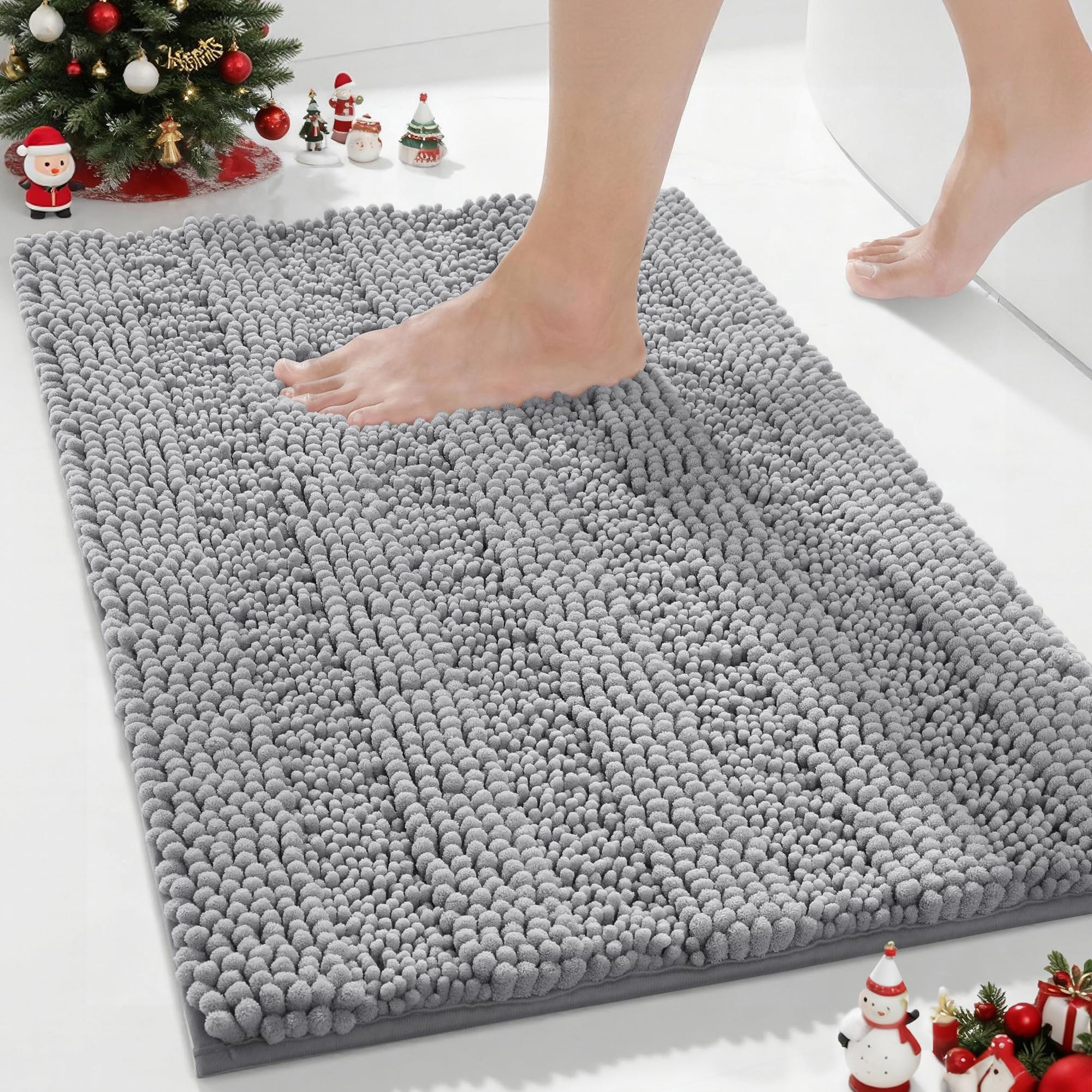 Yimobra Chenille Striped Bathroom Rug Mat, Luxury Extra Thick and Soft Shaggy Microfiber Bath Rugs, Absorbent, Non-Slip, Machine Washable, Plush Bath Mats for Bathroom Floor, 24" x 17", Light Grey