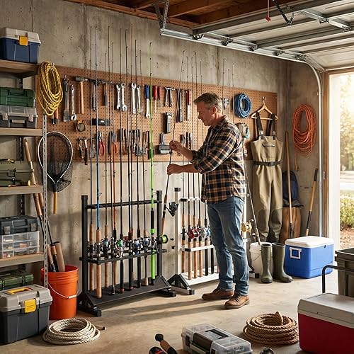 Vista 5 de Soportes para Caña de Pescar,Soportes para Caña de Pescar,Estante para Caña de Pescar,24 Ranuras para Sostener Cañas y Combo de Carrete,Estante Negro