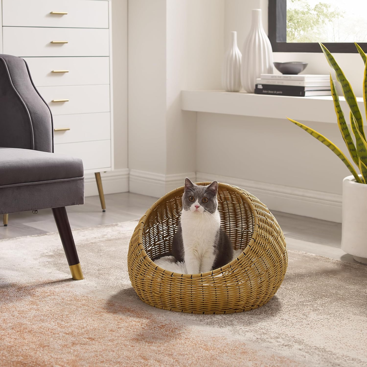Sam's Pets NALA 19" Round Wicker Cat Bed - Stylish, Comfortable, and Private Pet Nest with Plush Cushion