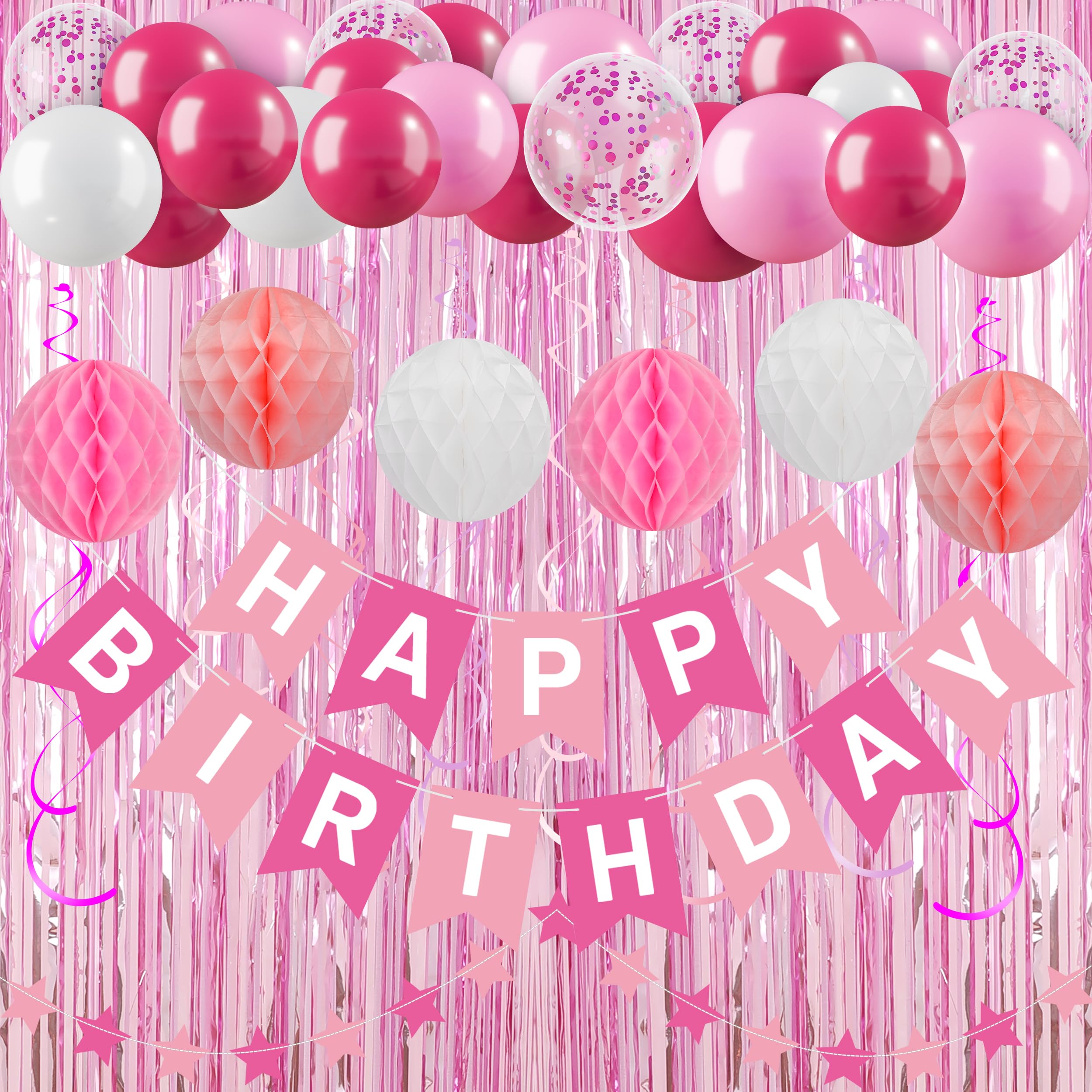 Pink Happy Birthday Decorations Kit for Women Girls Kids, Pre-Strung Birthday Banner Sign with Tissue Paper Poms, Star Garland, Balloons, Fringe Curtain, Hanging Swirls Streamers for Party Decor