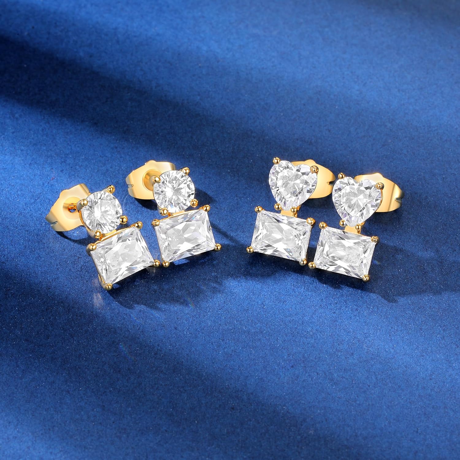 MDFUN 18K Yellow Gold-Plated Cubic Zirconia Stud Earrings for Women – 2 Pairs Round Heart Rectangle CZ Hypoallergenic Earrings - Image 2