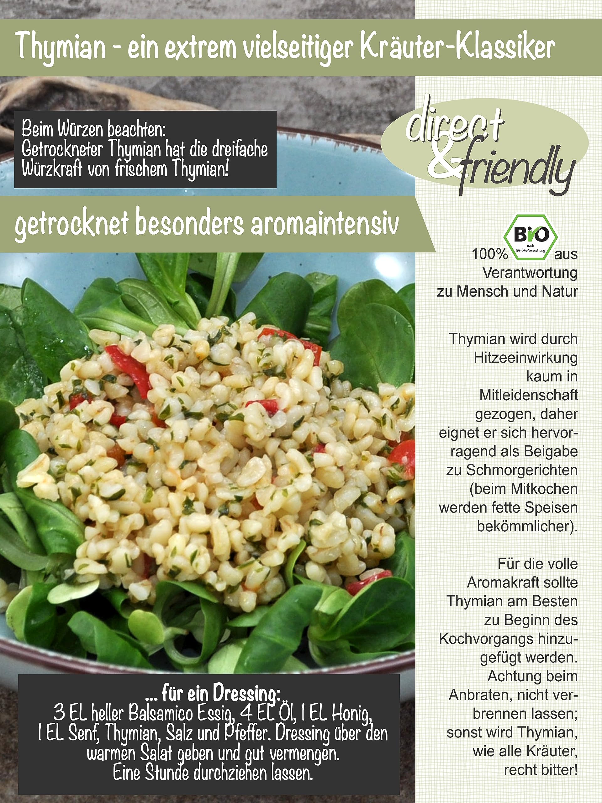 direct&friendly Bio Thymian aus Griechenland | handgeerntete Premium-Qualität | als Gewürz oder Thymian-Tee (100 g)