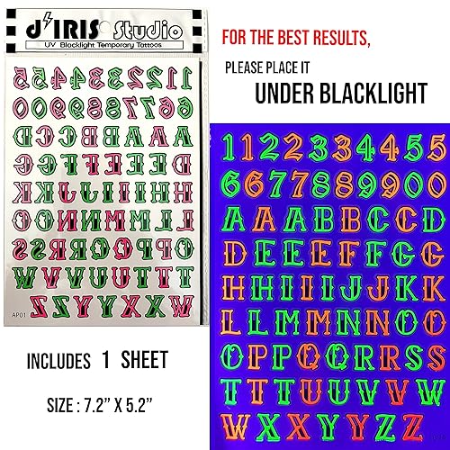 Miniatura 7 de Tatuajes reactivos temporales a la luz negra, 1 hoja de letras de neón, números del alfabeto, accesorios para festivales rave, suministros de fiesta