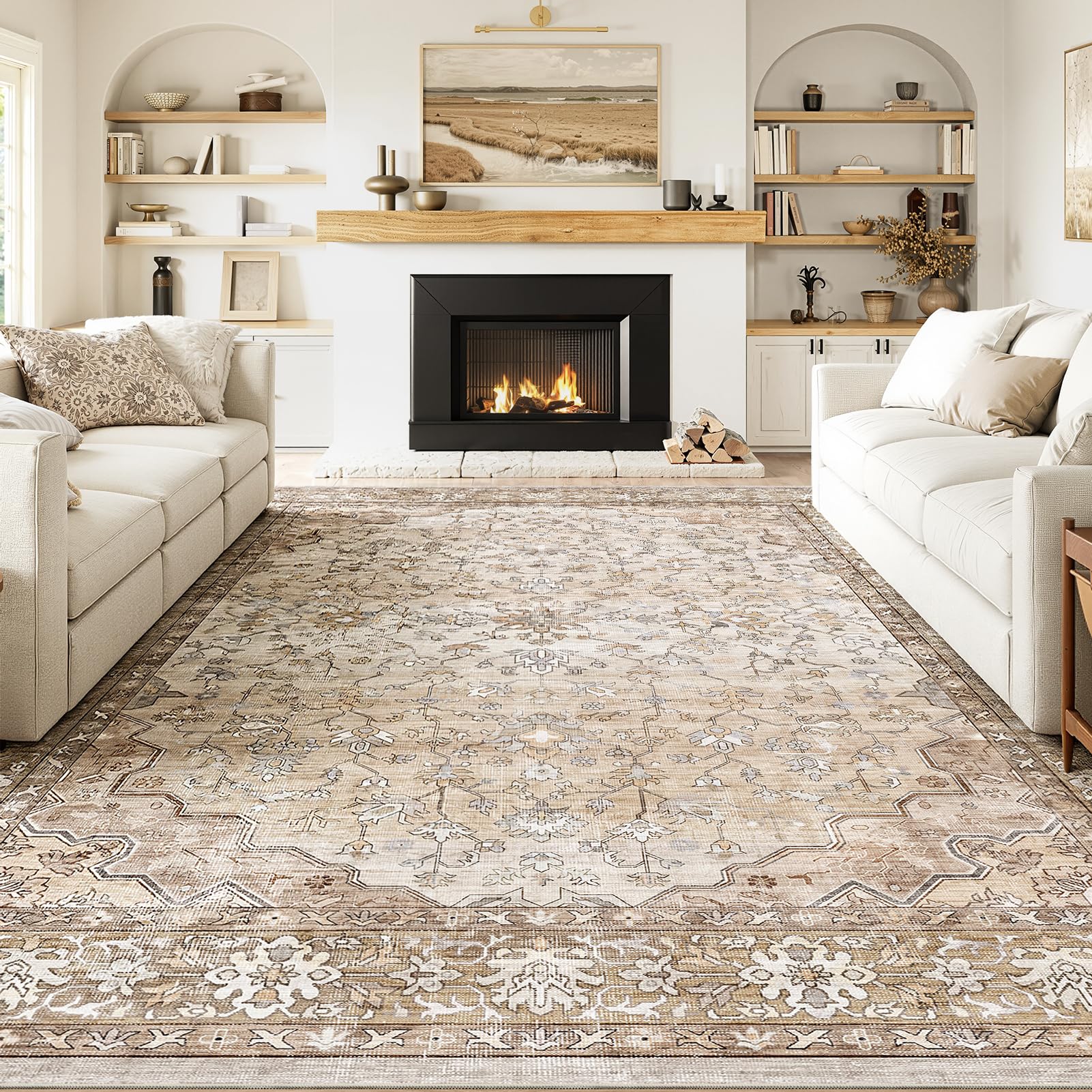 Topfinel Tapis Beige Vintage 200 x 300 cm Velours Court Lavable en Machine, Bohème Antidérapant et Doux, pour Salon, Chambre, Salle à Manger, Bureau